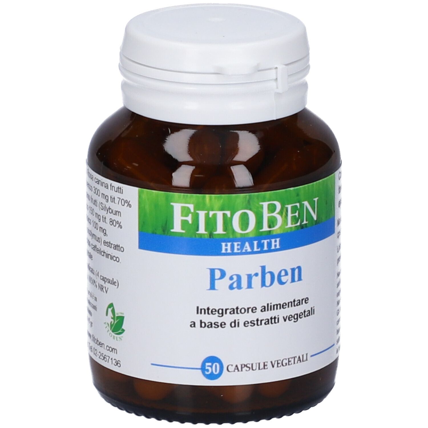 Flacone di vetro marrone con tappo bianco. Etichetta "FitoBen Health Parben" e "50 Capsule Vegetali".