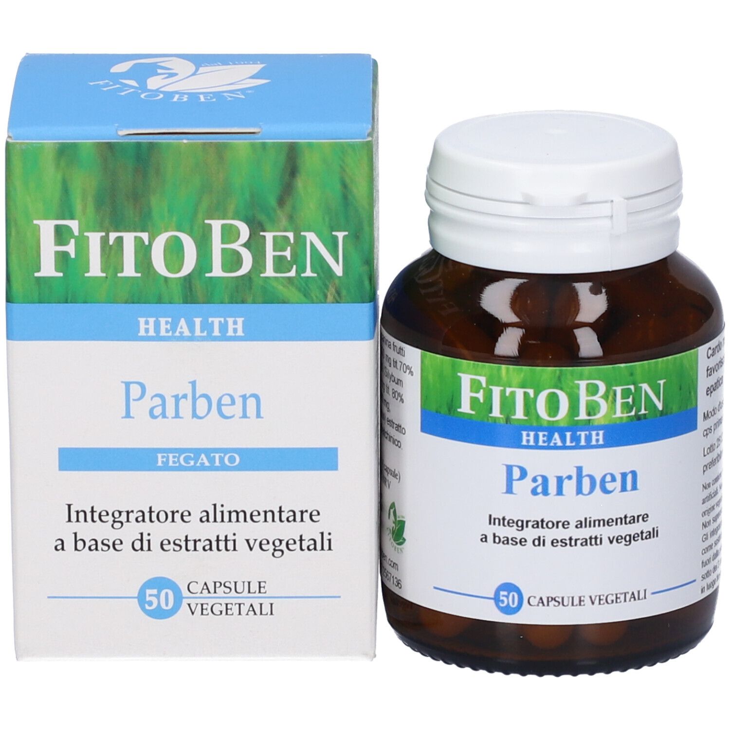 Confezione del prodotto con flacone e scatola. Flacone "FitoBen Health Parben". Scatola con "Fegato".