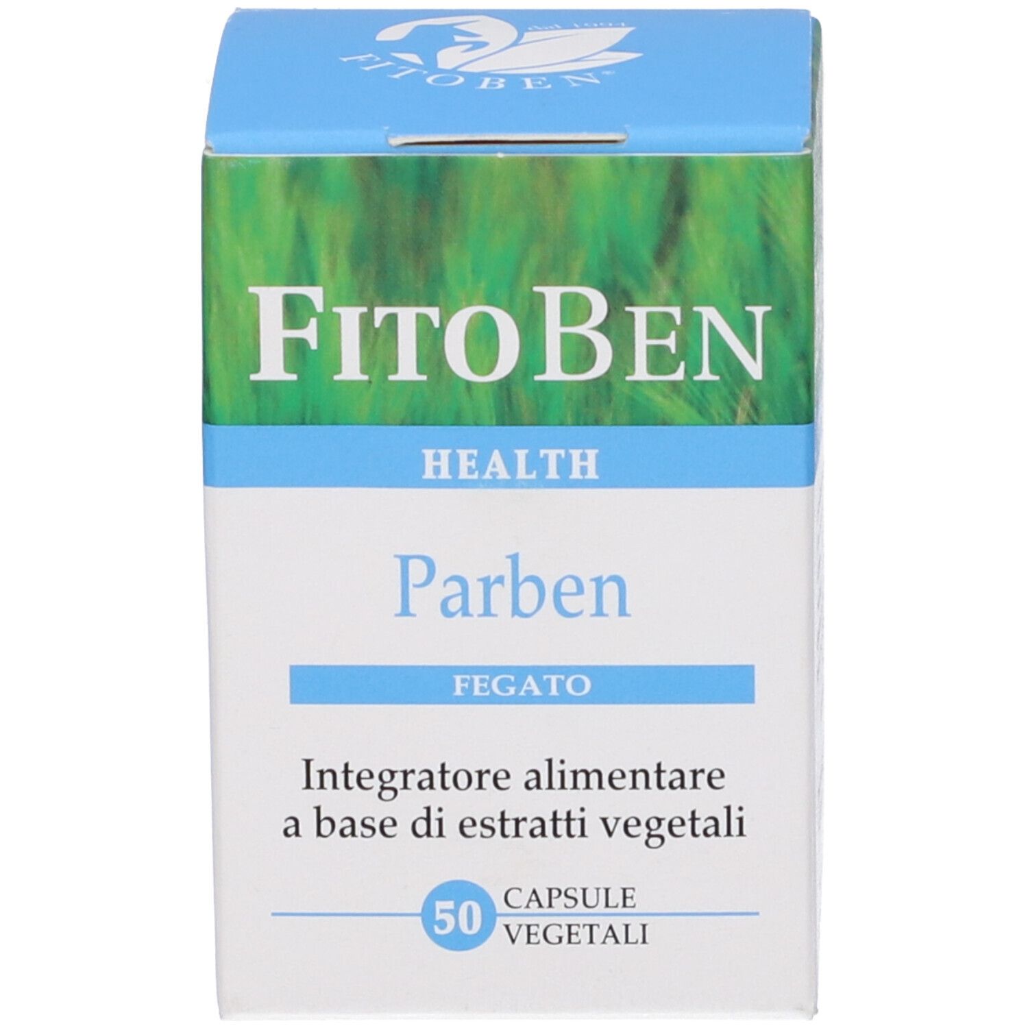 Scatola bianca con coperchio blu. Scritta "FitoBen Health Parben" e "Fegato".