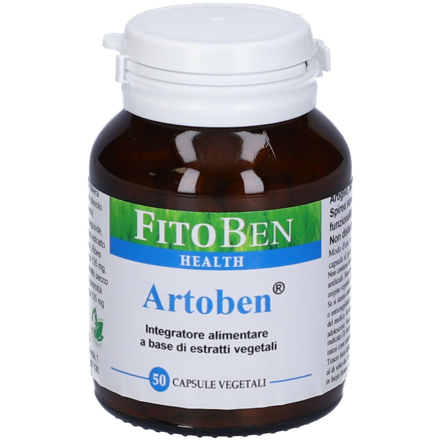 Flacone marrone, tappo bianco. "FitoBen Artoben", 50 capsule. Informazioni sul prodotto.