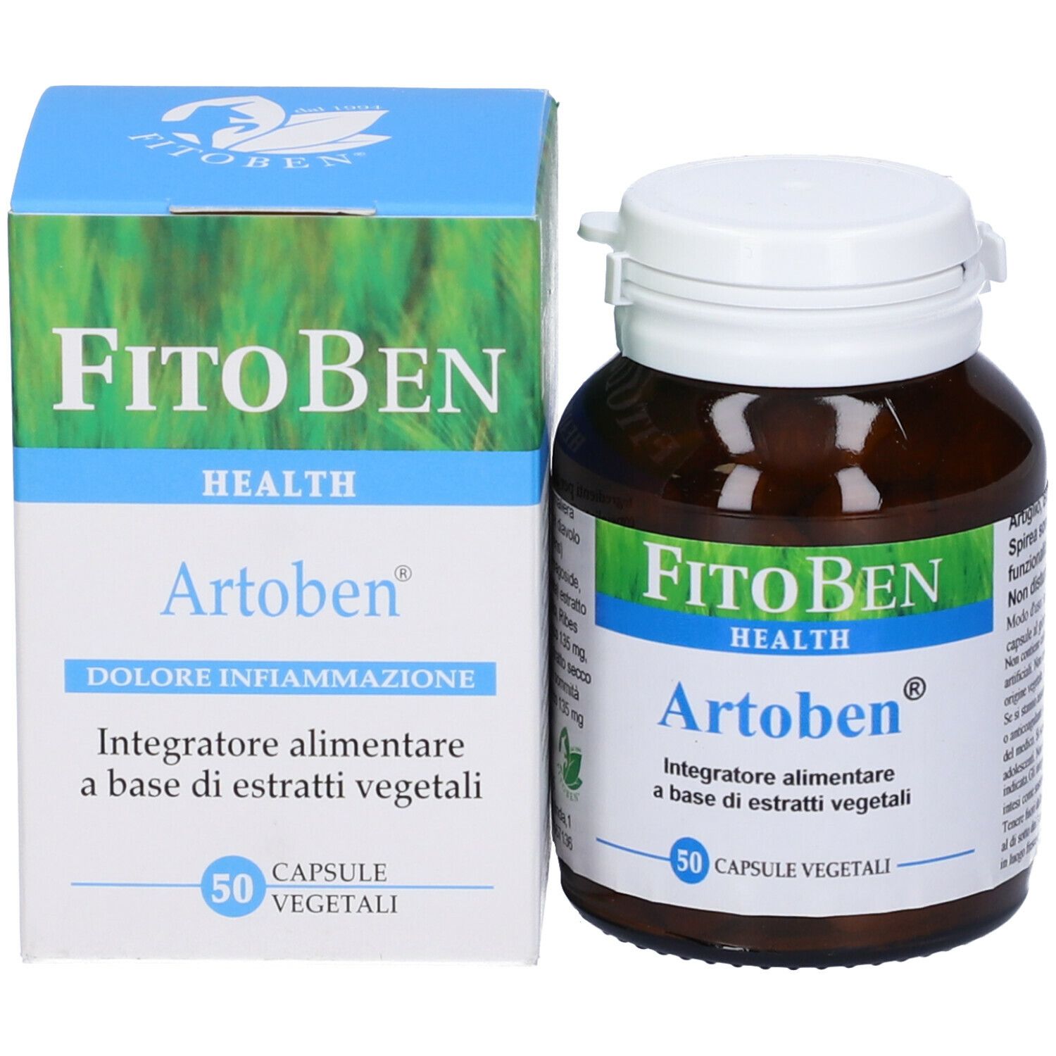 Flacone e scatola "FitoBen Artoben". 50 capsule. Informazioni sulla confezione.