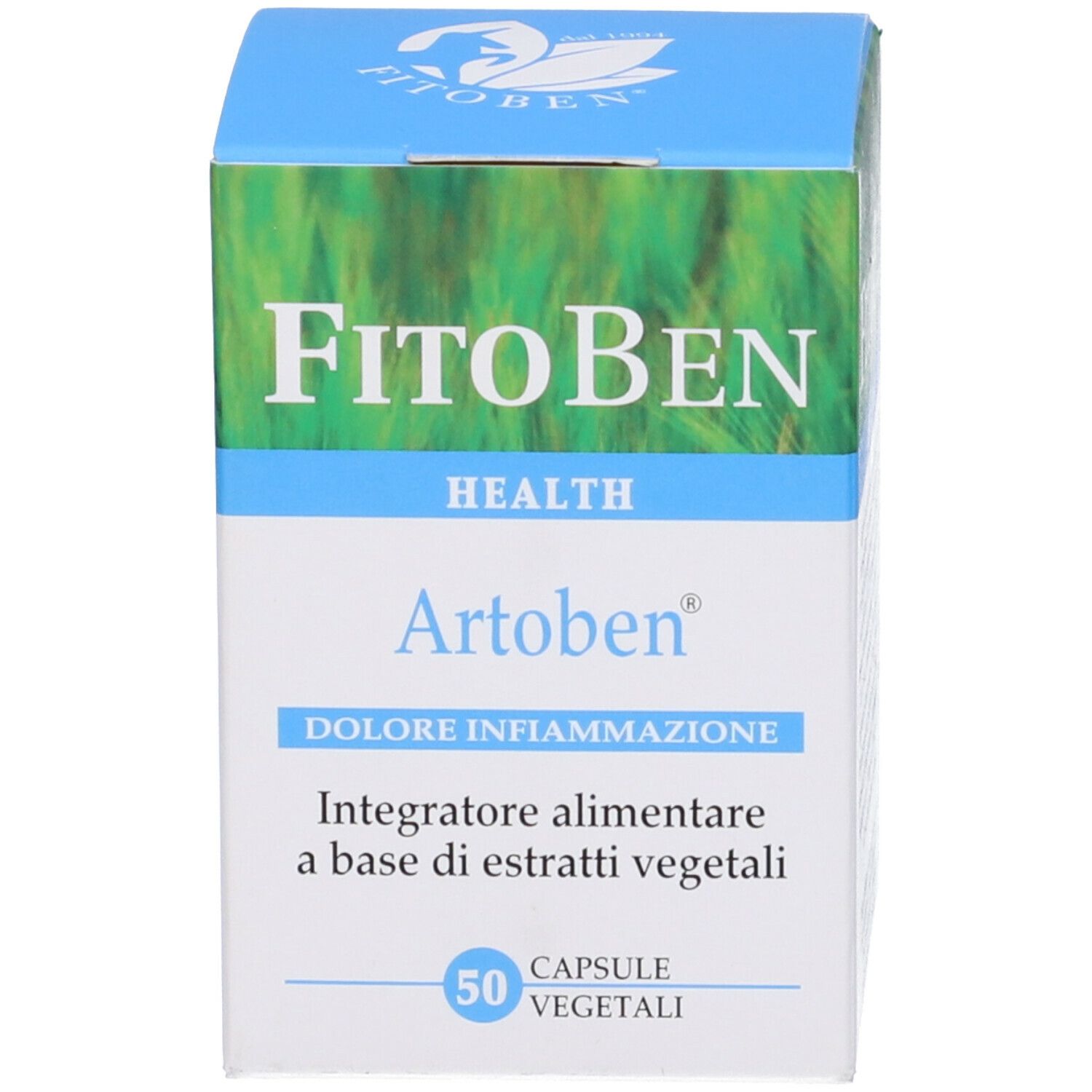 Scatola "FitoBen Artoben". 50 capsule. Confezione verde e bianca con informazioni.