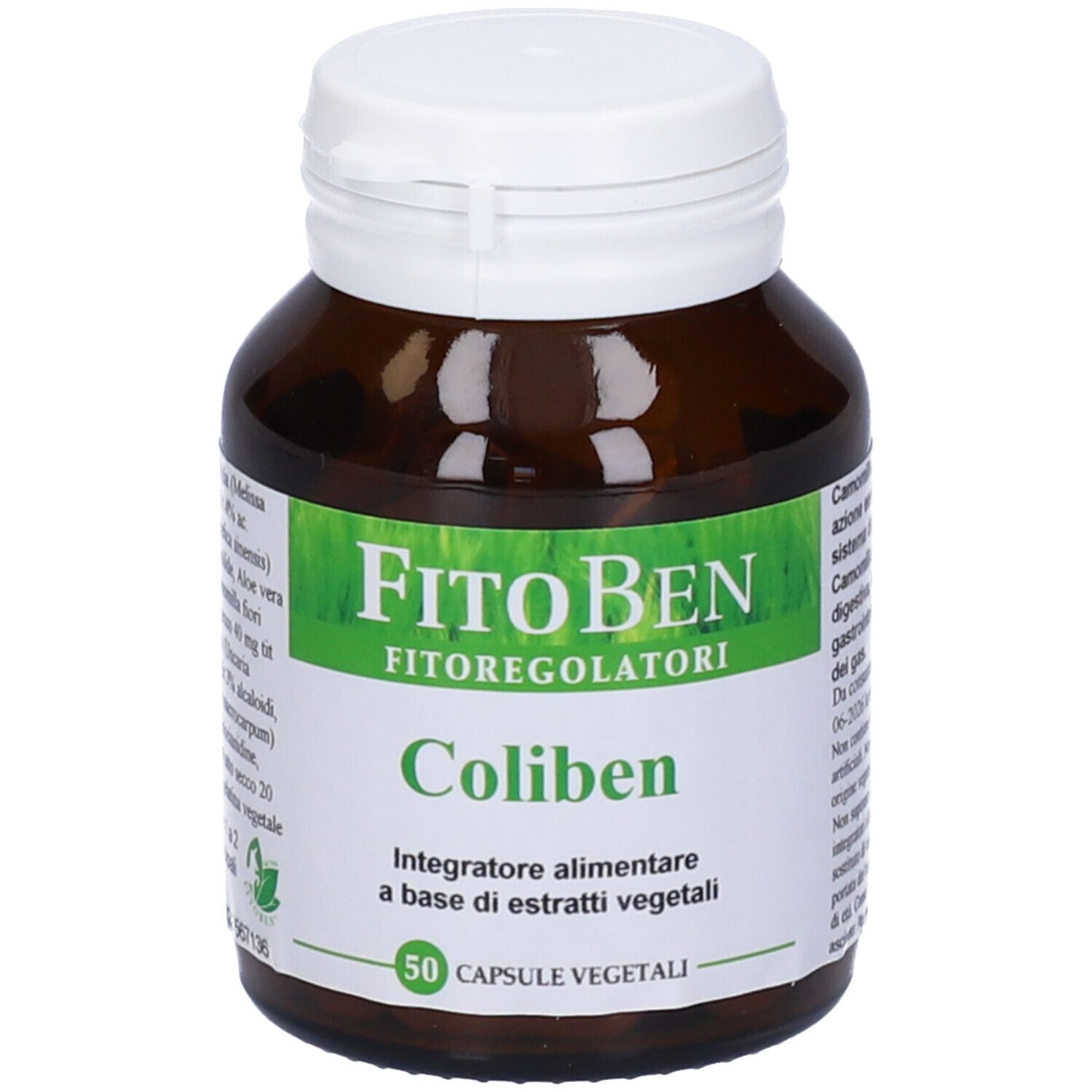Flacone di vetro marrone con tappo bianco. Etichetta con nome prodotto e 50 capsule.