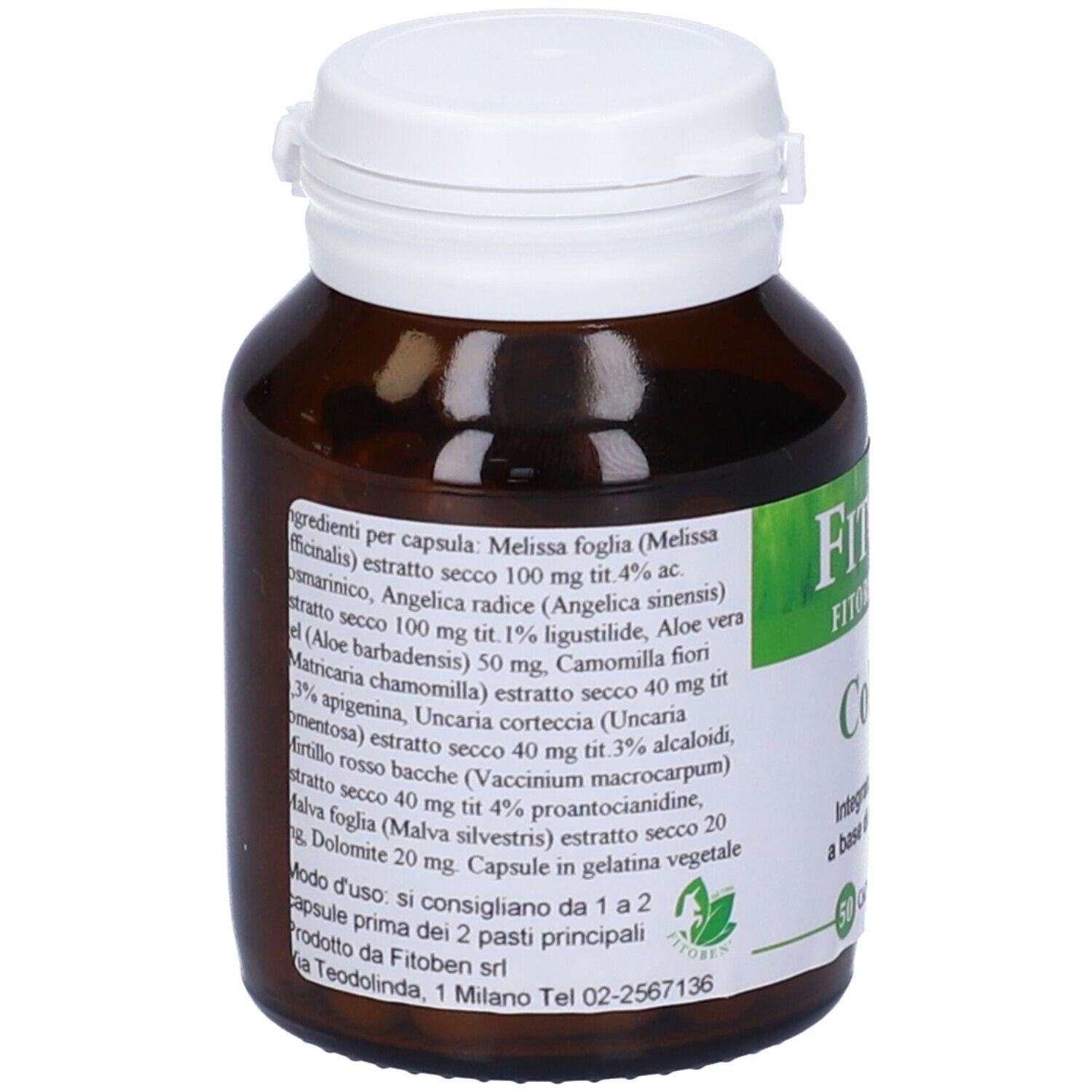 Flacone di vetro marrone con tappo bianco. Etichetta con ingredienti e informazioni sul prodotto.