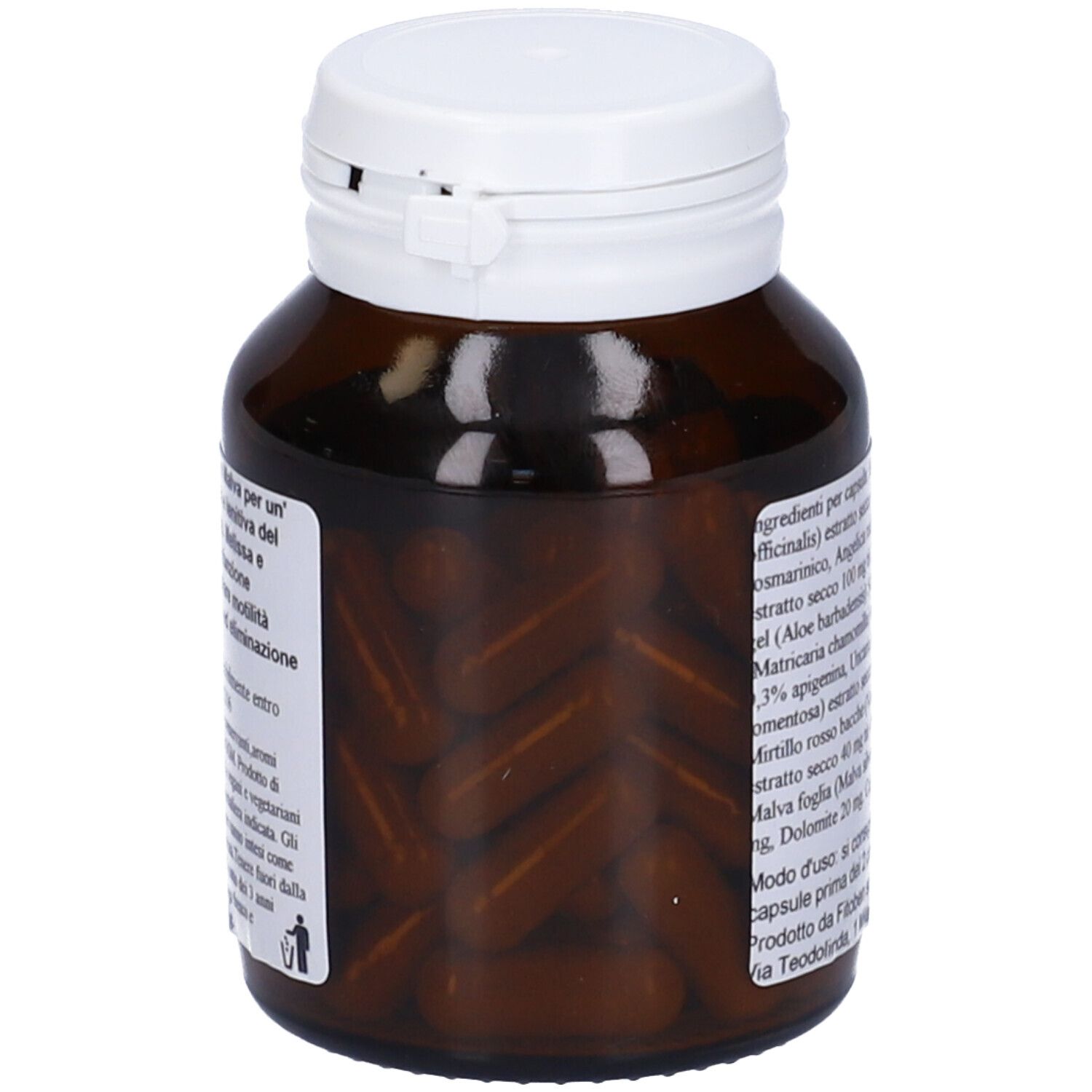 Flacone di vetro marrone con tappo bianco. Capsule visibili. Informazioni sul prodotto sull'etichetta.
