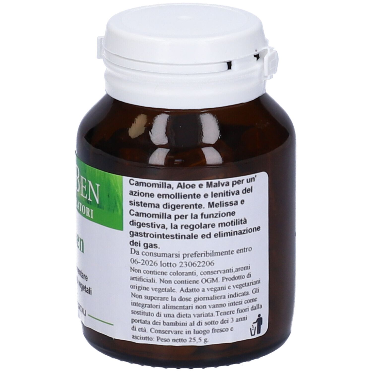 Flacone di vetro marrone con tappo bianco. Etichetta con informazioni e data di scadenza.