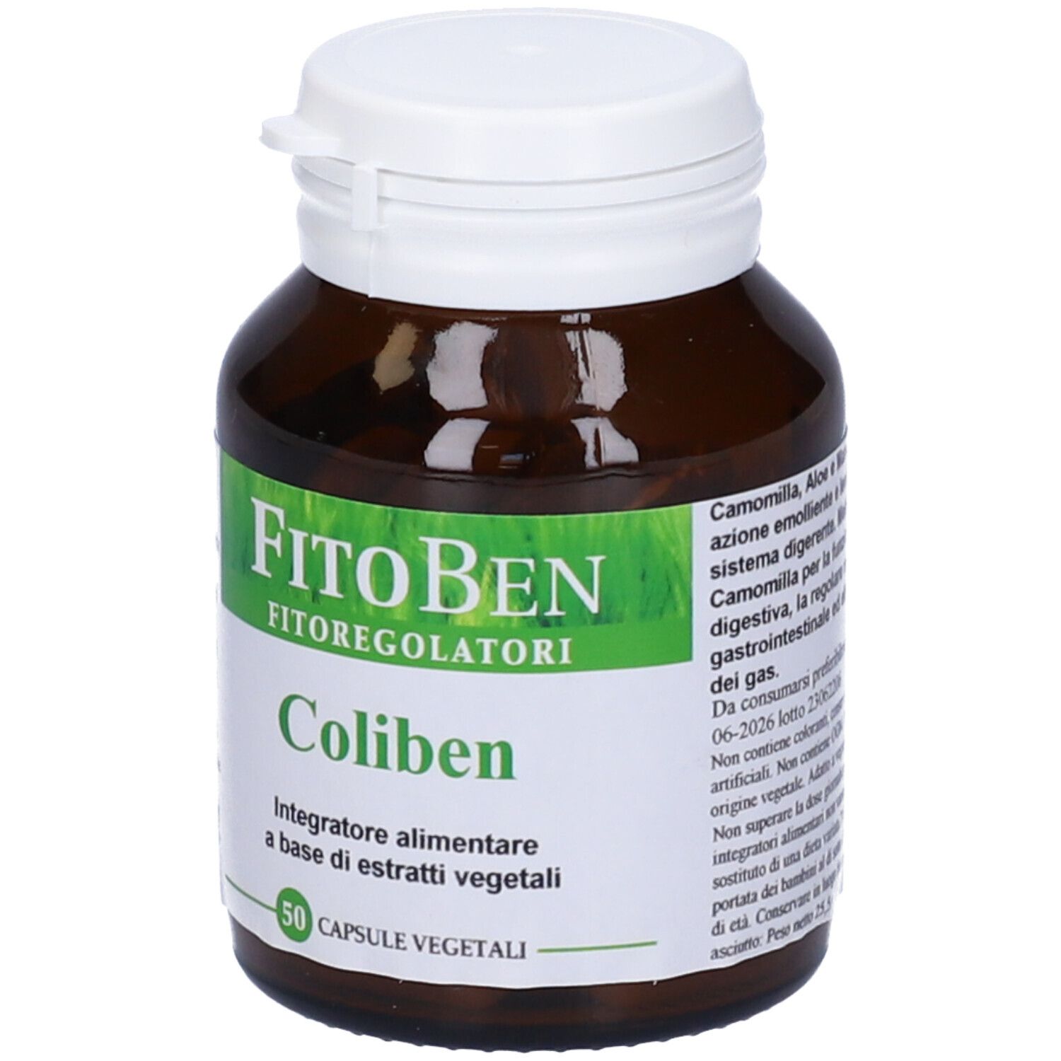 Flacone di vetro marrone con tappo bianco. Etichetta con nome prodotto e 50 capsule.