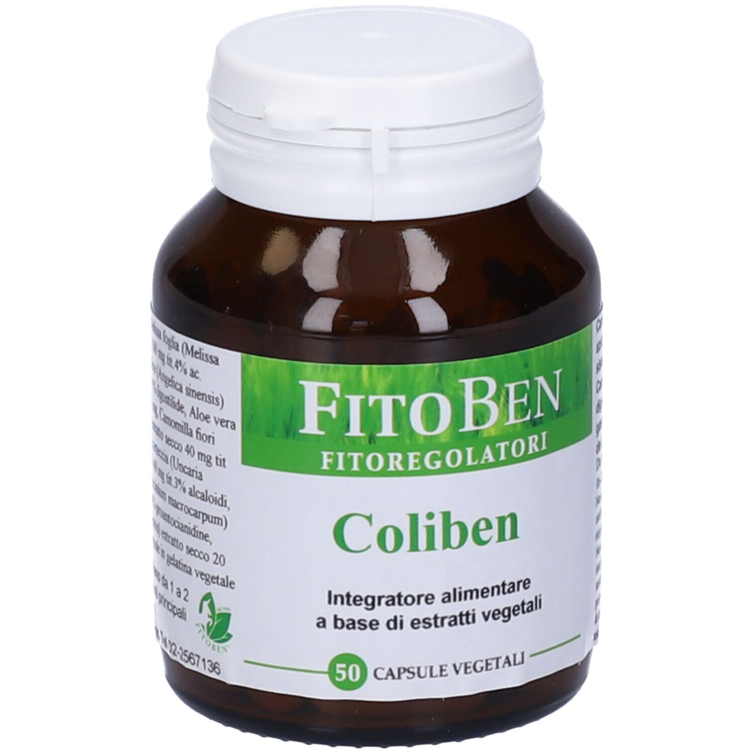 Flacone di vetro marrone con tappo bianco. Etichetta con ingredienti e informazioni sul prodotto.