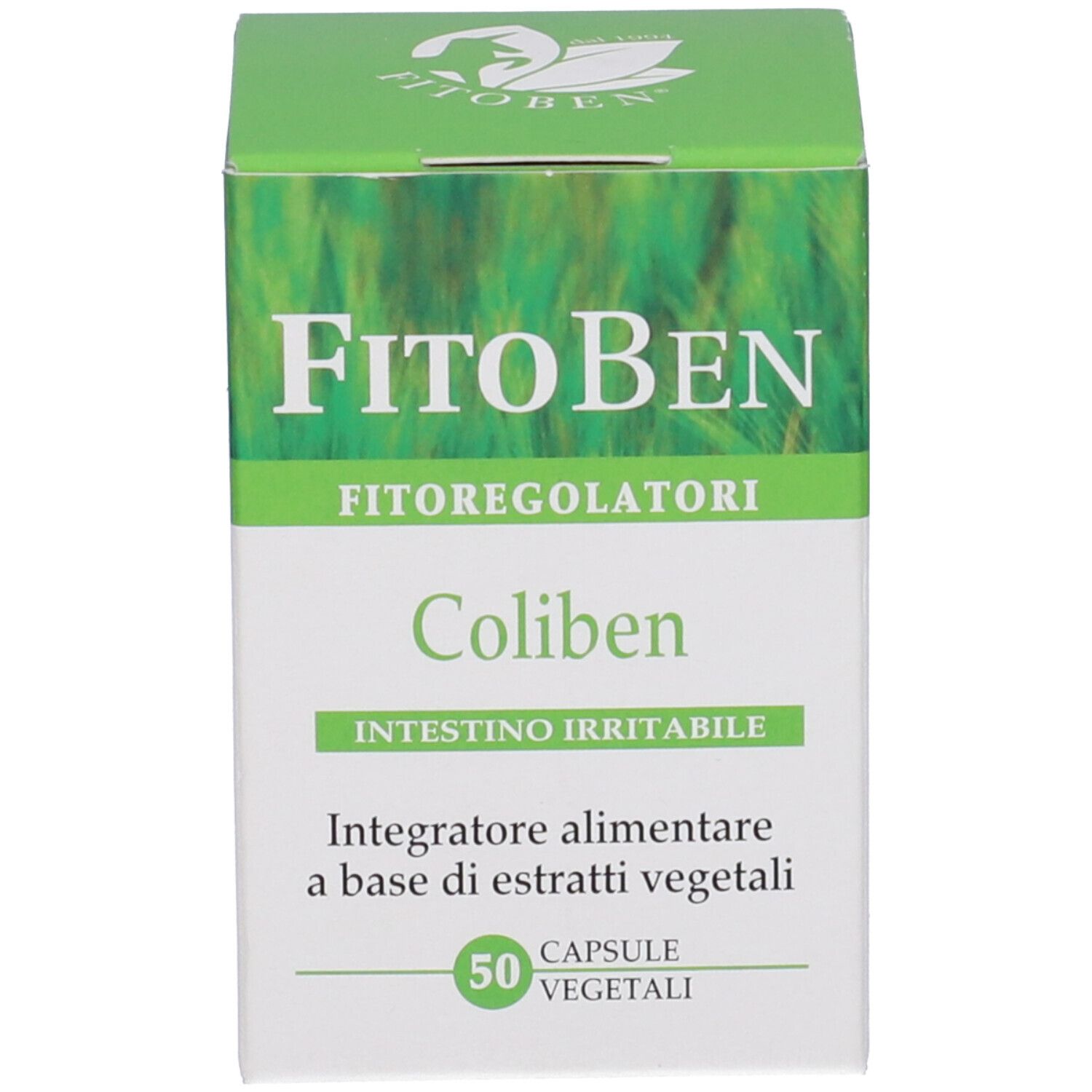 Scatola con nome e dettagli del prodotto. Confezione verde e bianca con 50 capsule.