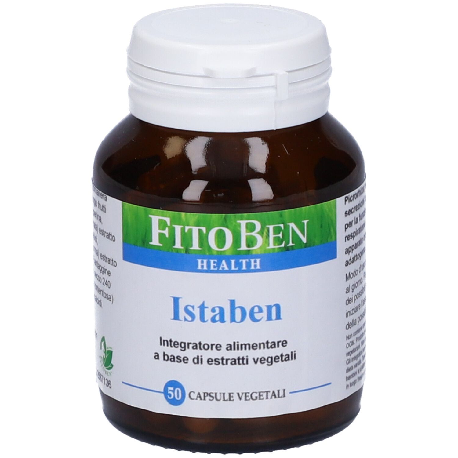 Flacone di vetro marrone con tappo bianco. 'FitoBen Istaben' con 50 capsule. Etichetta verde.