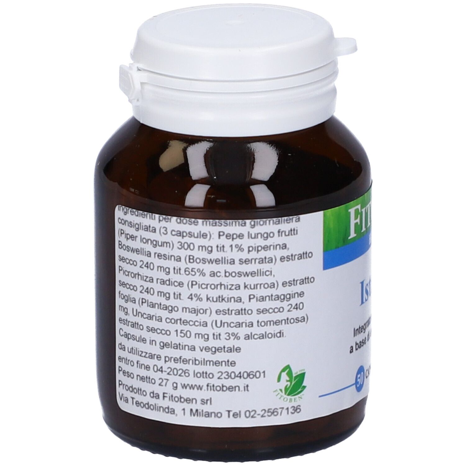 Flacone di vetro marrone con tappo bianco. 'FitoBen Istaben' con 50 capsule. Testo sul retro.