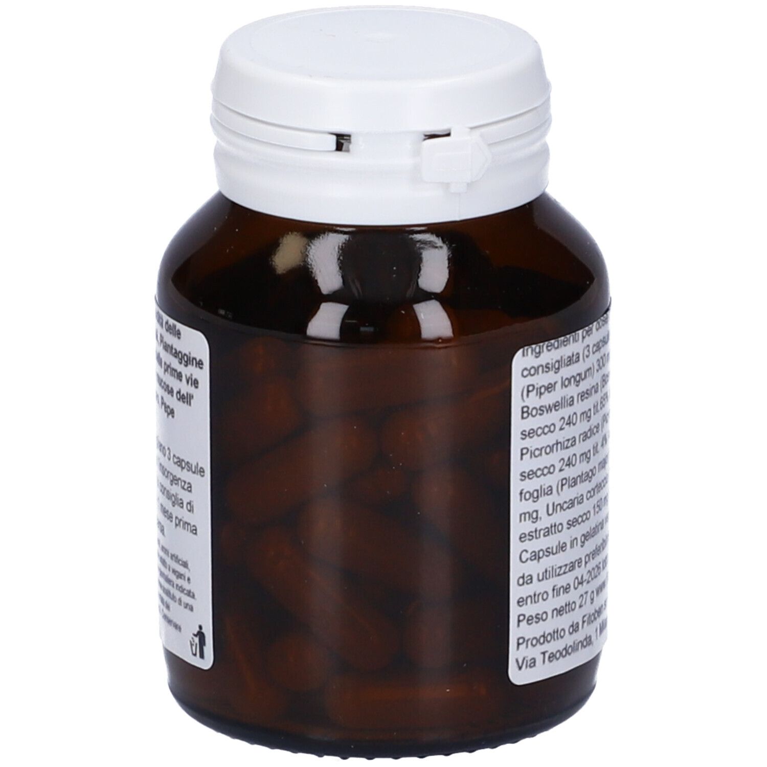 Flacone di vetro marrone con tappo bianco. 'FitoBen Istaben' con 50 capsule. Testo sul retro.