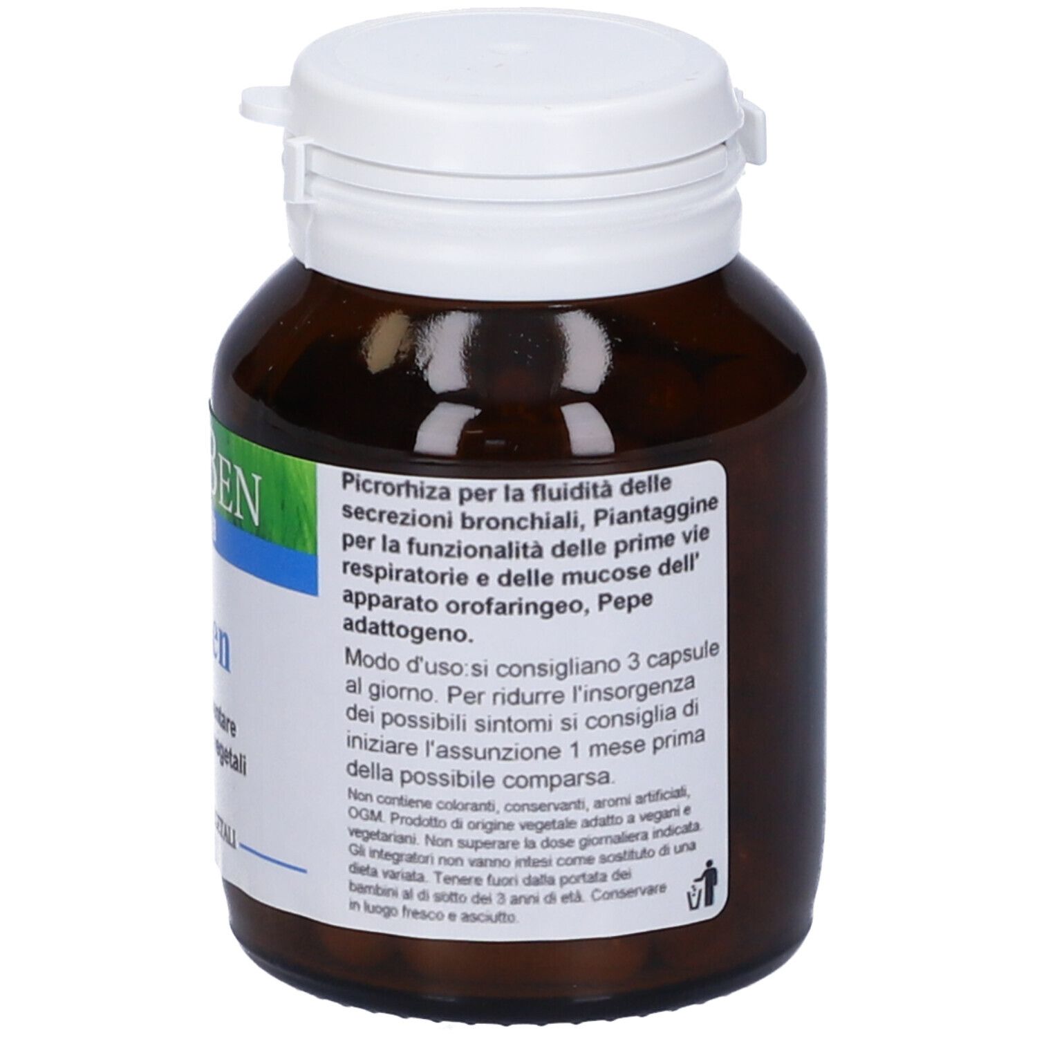 Flacone di vetro marrone con tappo bianco. 'FitoBen Istaben' con 50 capsule. Testo sul retro.