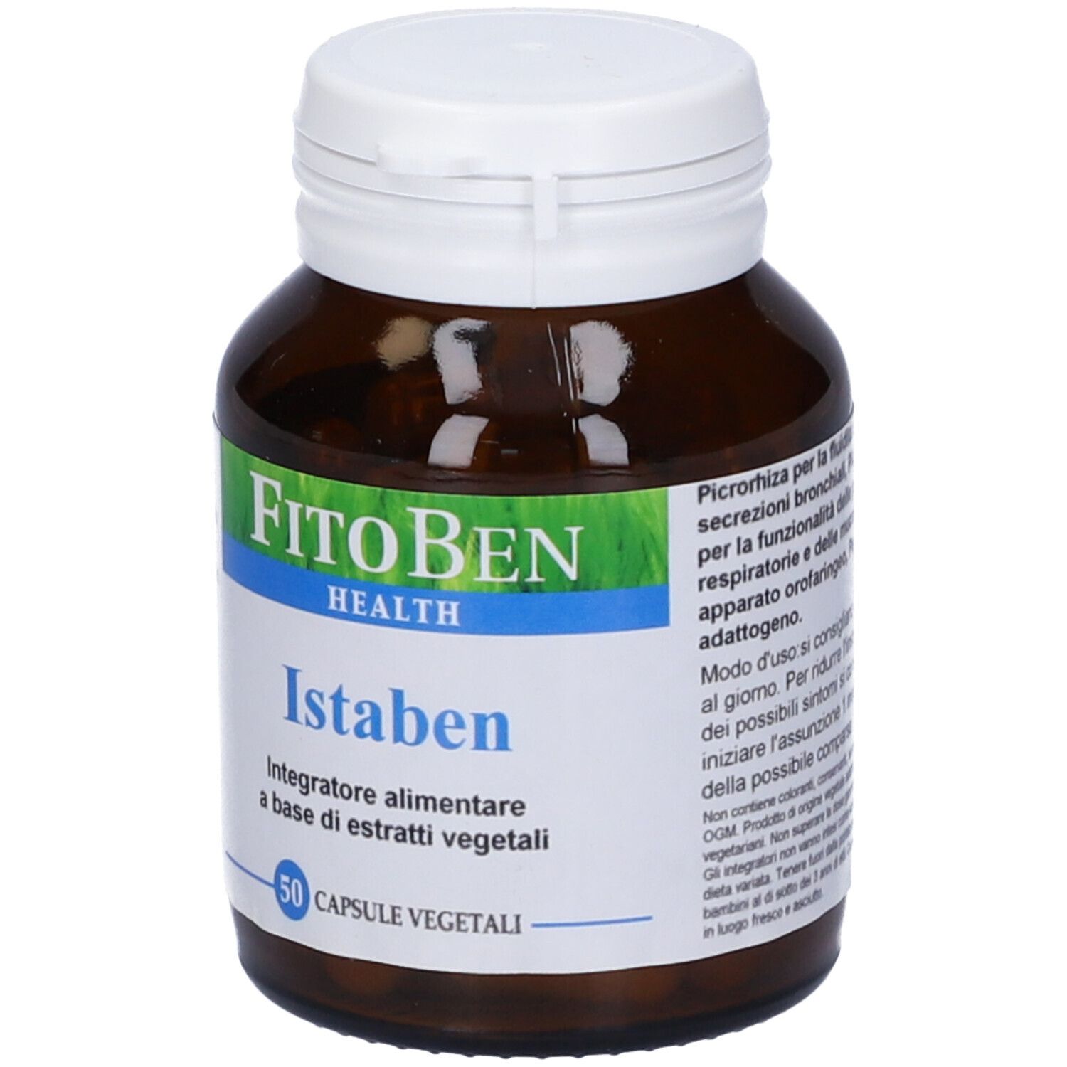 Flacone di vetro marrone con tappo bianco. 'FitoBen Istaben' con 50 capsule. Etichetta con testo.