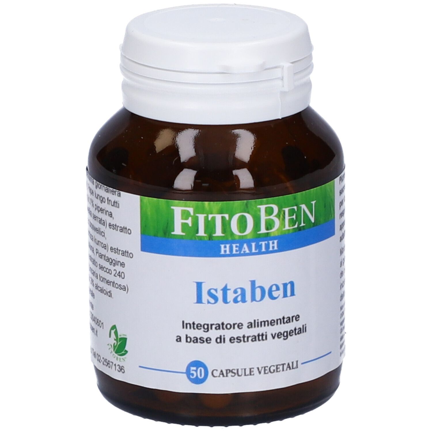 Flacone di vetro marrone con tappo bianco. 'FitoBen Istaben' con 50 capsule. Etichetta con testo.