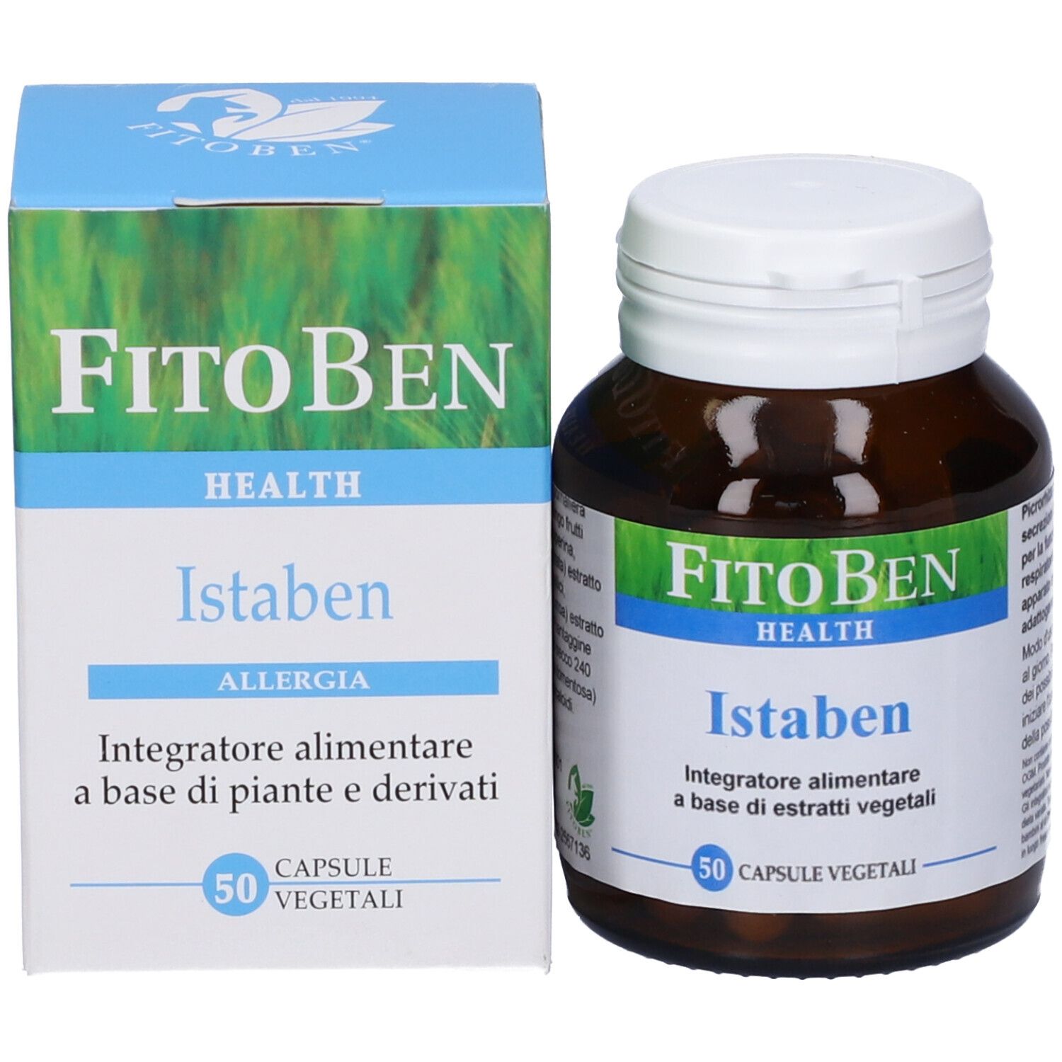 Scatola e flacone 'FitoBen Istaben'. 50 capsule. Flacone marrone, tappo bianco. Design verde e bianco.