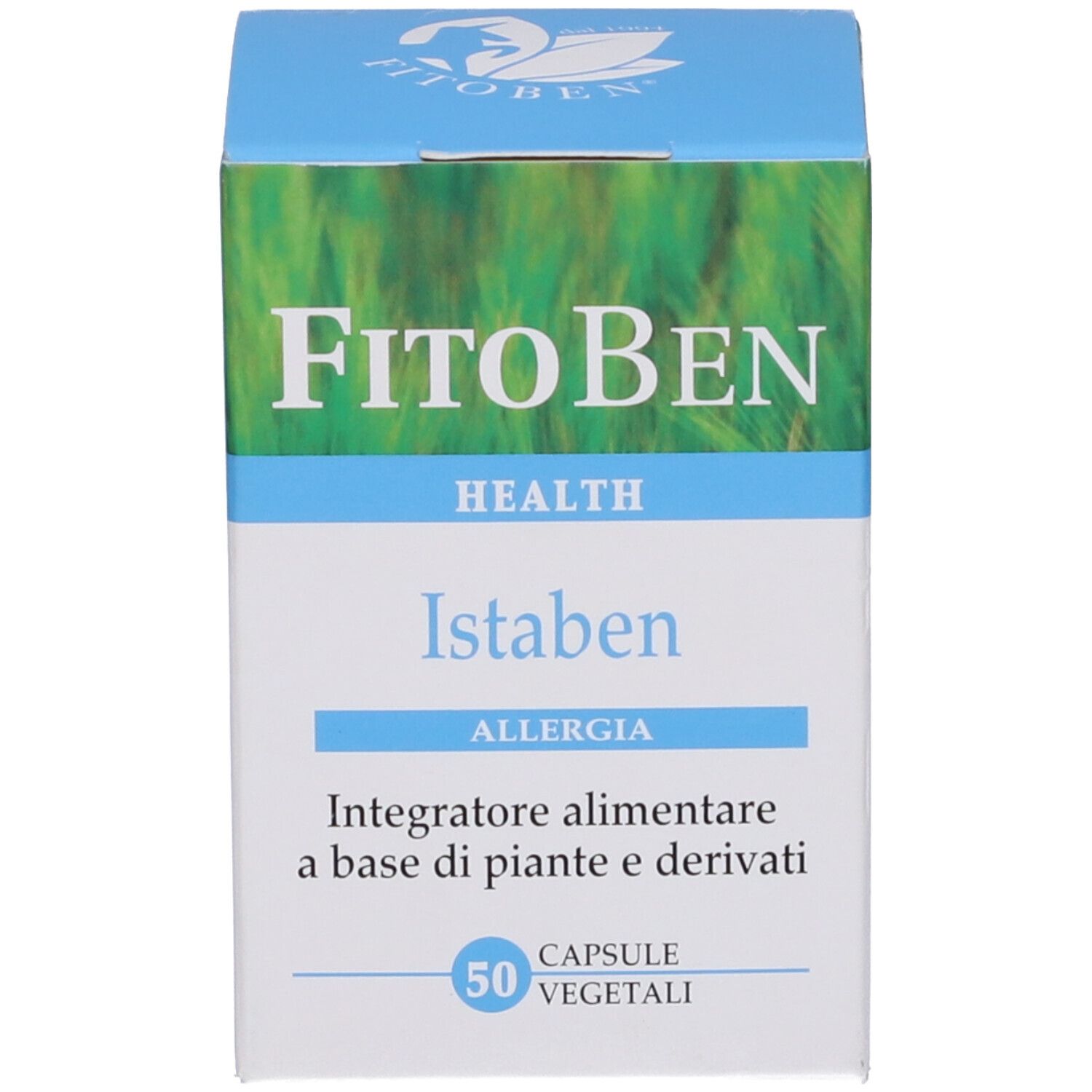 Scatola 'FitoBen Istaben'. 50 capsule vegetali. Design verde e bianco, prodotto per allergie.