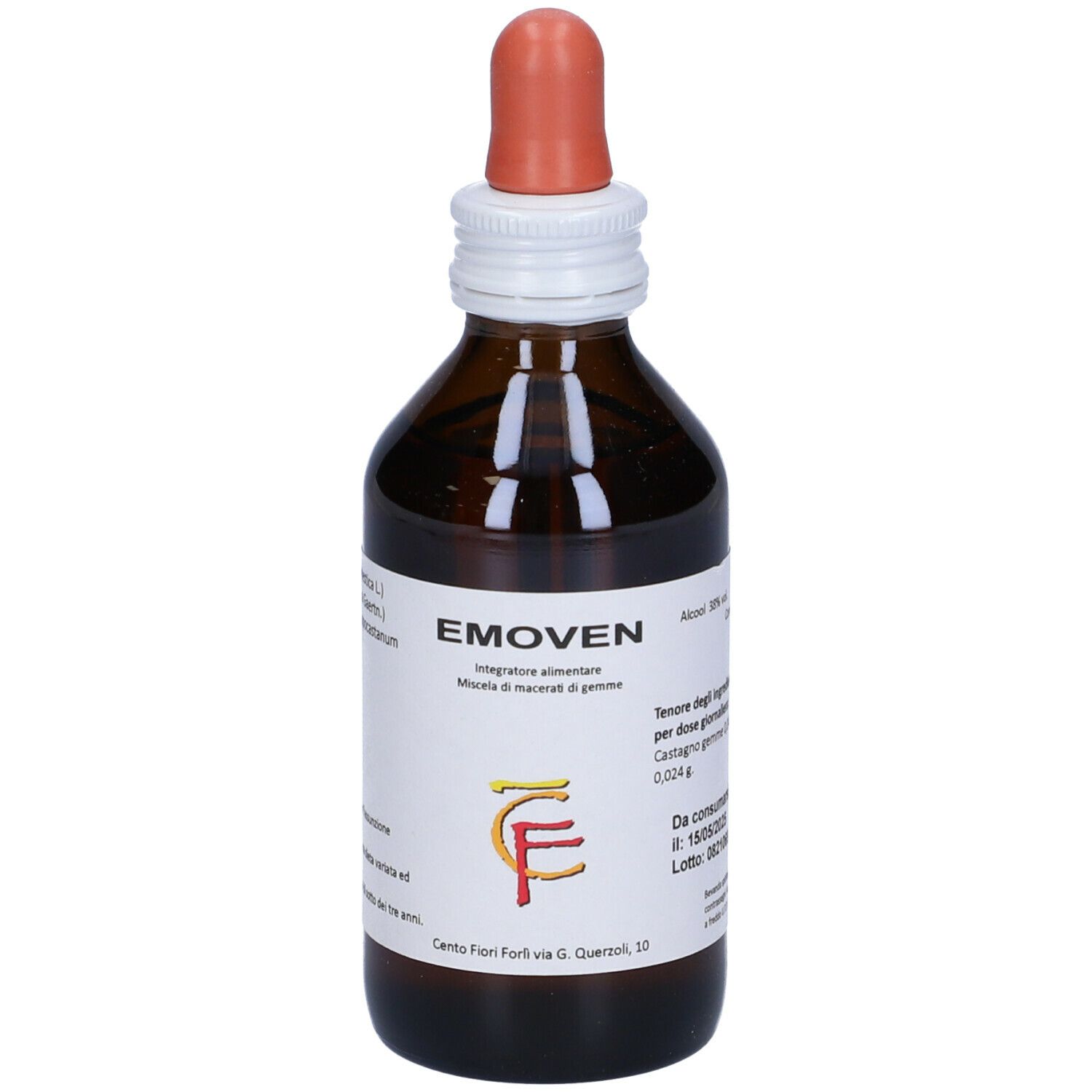 Flacone di vetro marrone con contagocce. Etichetta con nome EMOVEN.