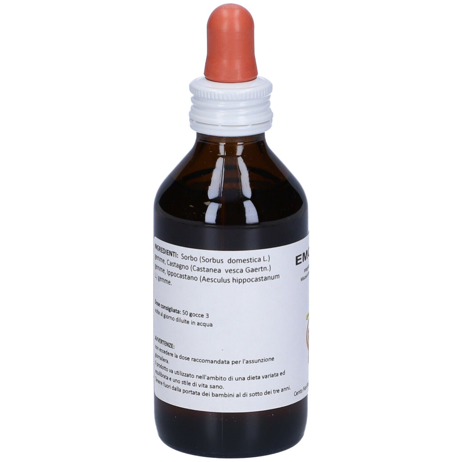 Flacone di vetro marrone con contagocce. Etichetta con ingredienti ed EMOVEN.