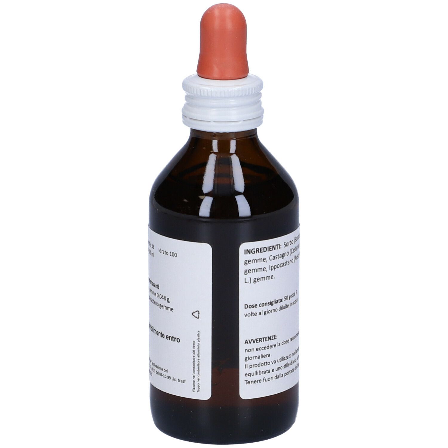 Flacone di vetro marrone con contagocce. Etichetta con ingredienti ed EMOVEN.