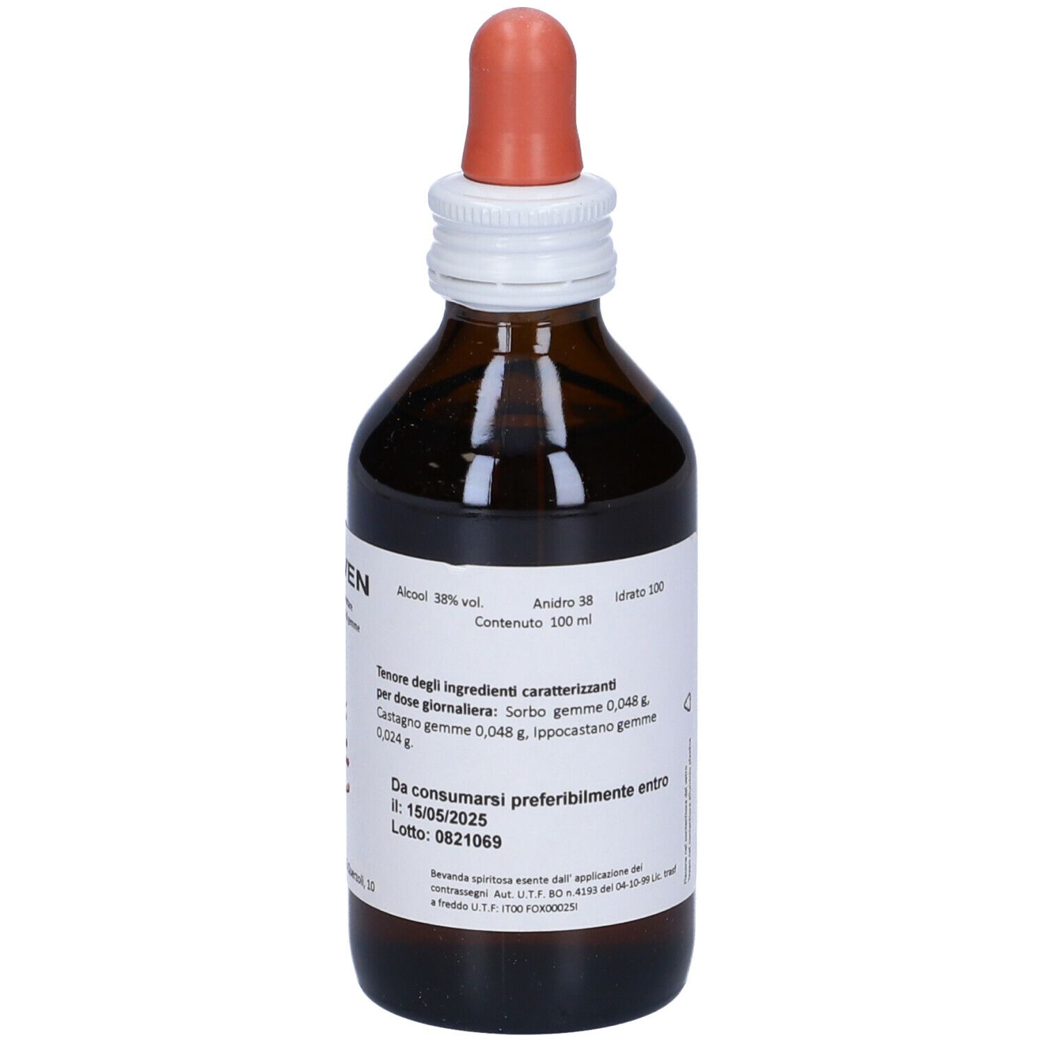 Flacone di vetro marrone con contagocce. Etichetta con ingredienti ed EMOVEN.