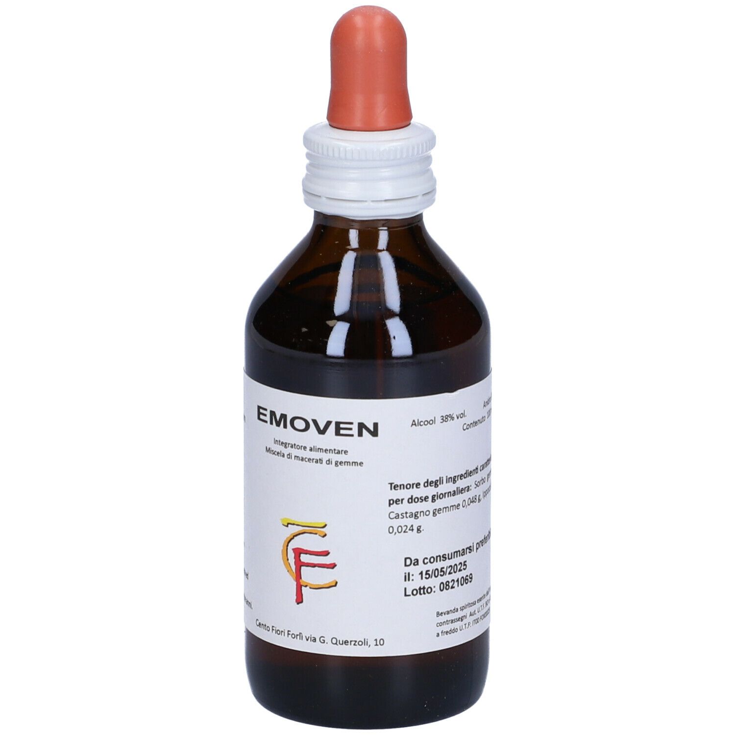 Flacone di vetro marrone con contagocce. Etichetta con ingredienti ed EMOVEN.