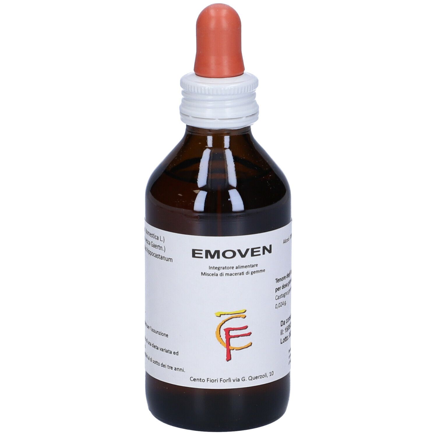 Flacone di vetro marrone con contagocce. Etichetta con ingredienti ed EMOVEN.