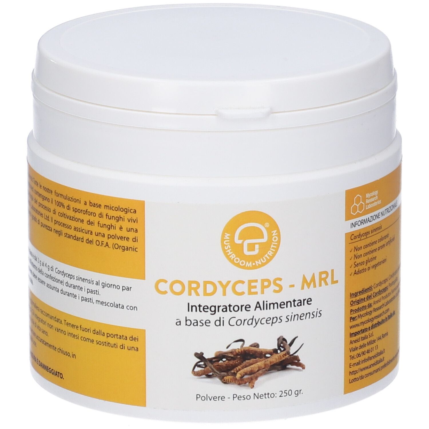 Barattolo rotondo bianco con etichette gialle. Scritta: Cordyceps MRL. Immagine di funghi Cordyceps. 250 g.