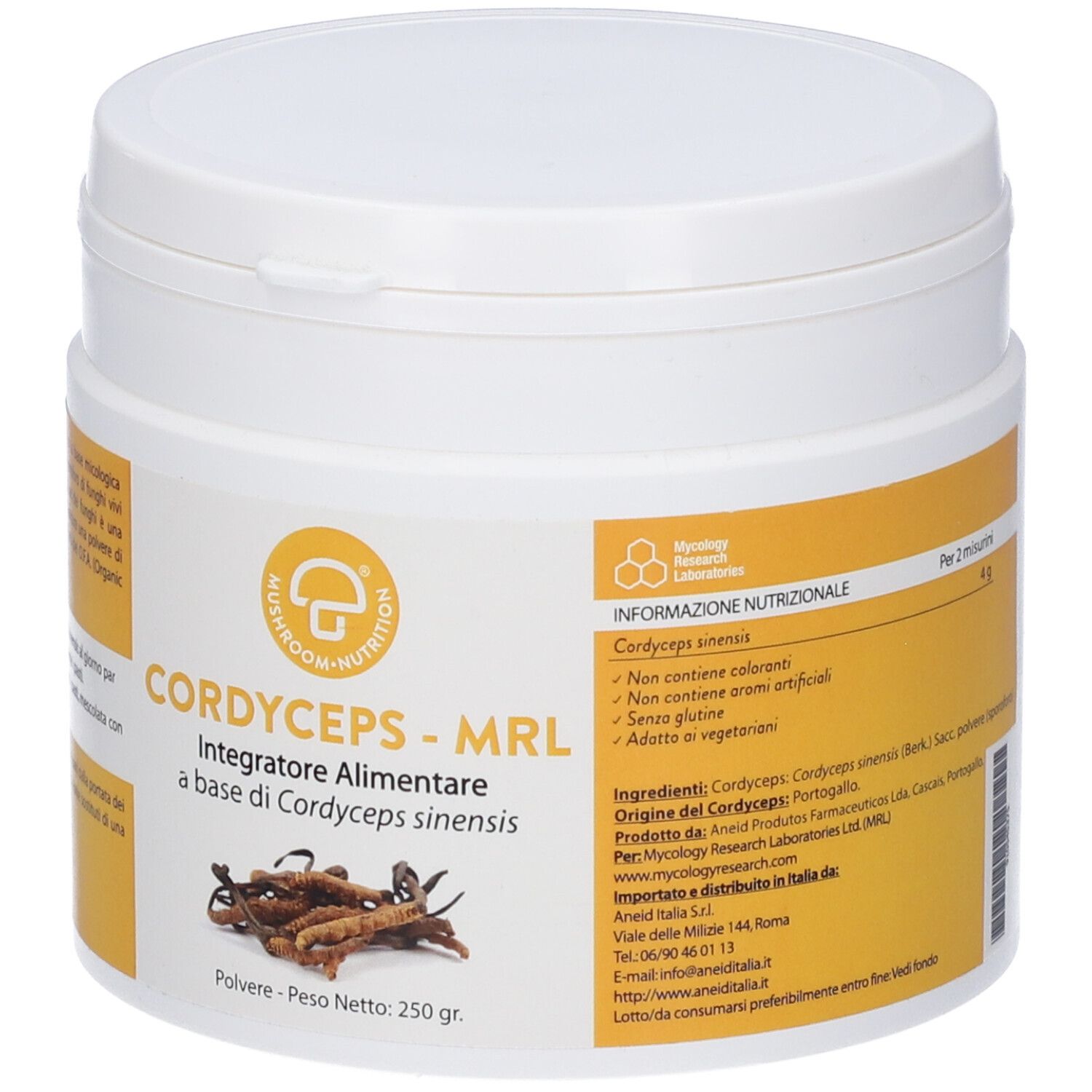 Barattolo rotondo bianco con etichette gialle. Scritta: Cordyceps MRL. Immagine di funghi Cordyceps. 250 g.