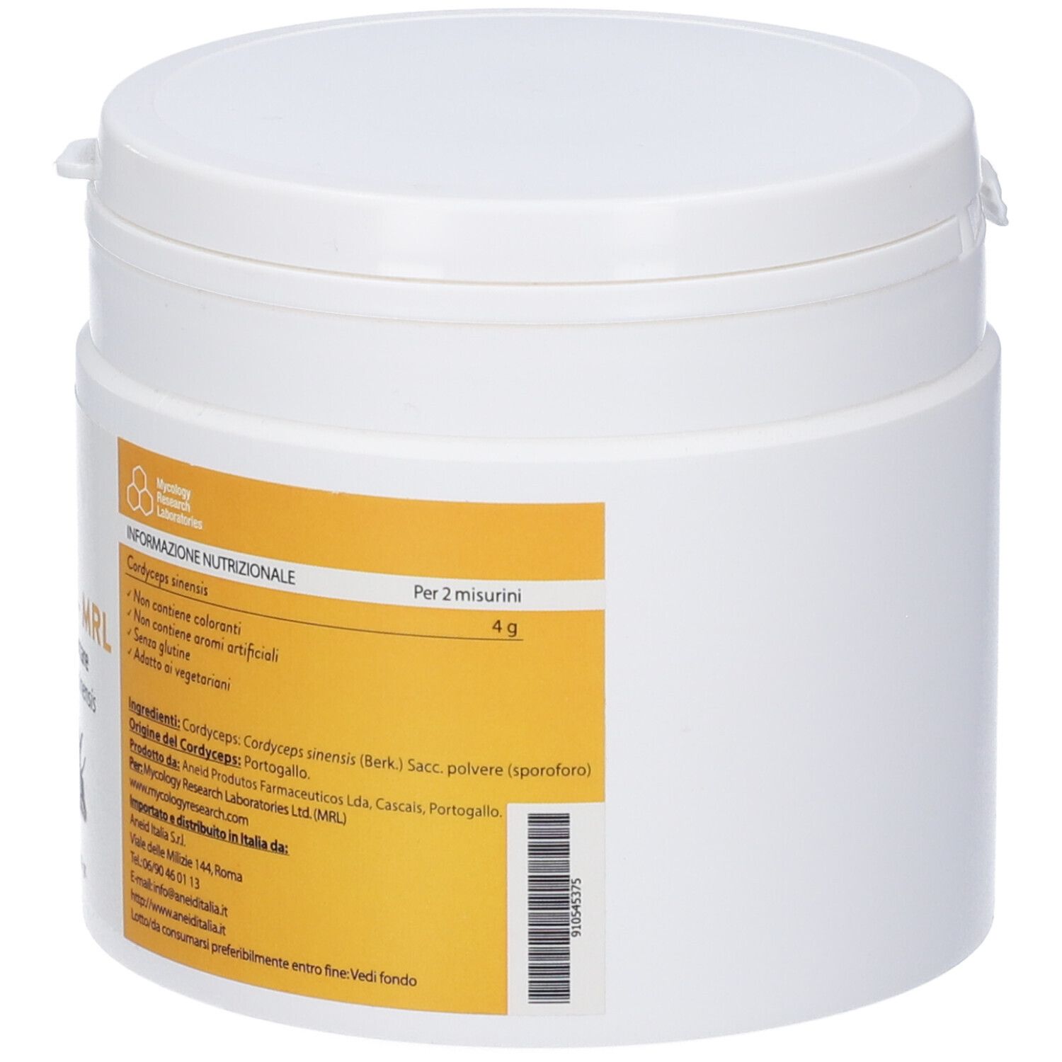 Barattolo rotondo bianco con etichette gialle. Scritta: Cordyceps MRL. Informazioni nutrizionali. 4 g.