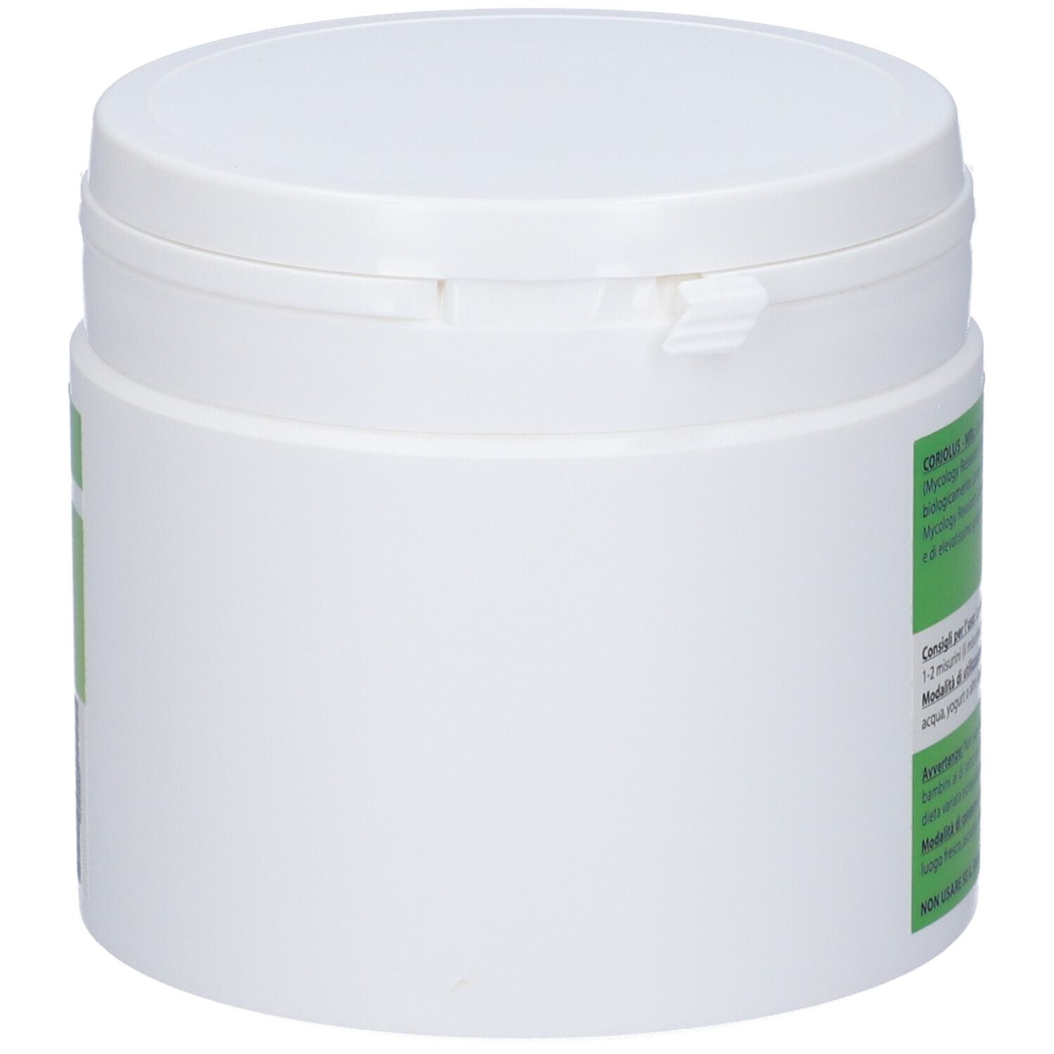 Contenitore bianco e rotondo per integratori con coperchio. Etichette verdi sul lato. Prodotto senza altri dettagli.