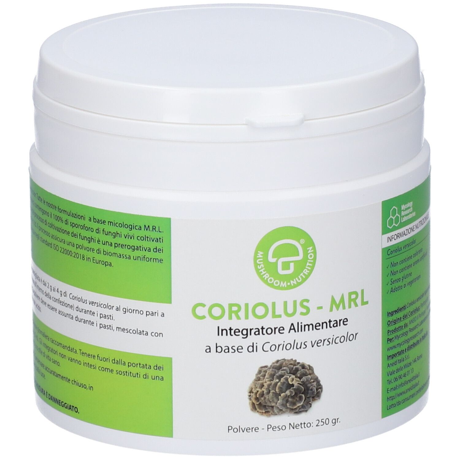 Contenitore bianco e rotondo per integratori con etichetta verde. Scritta: CORIOLUS - MRL, Mushroom Nutrition. Immagine di un fungo.