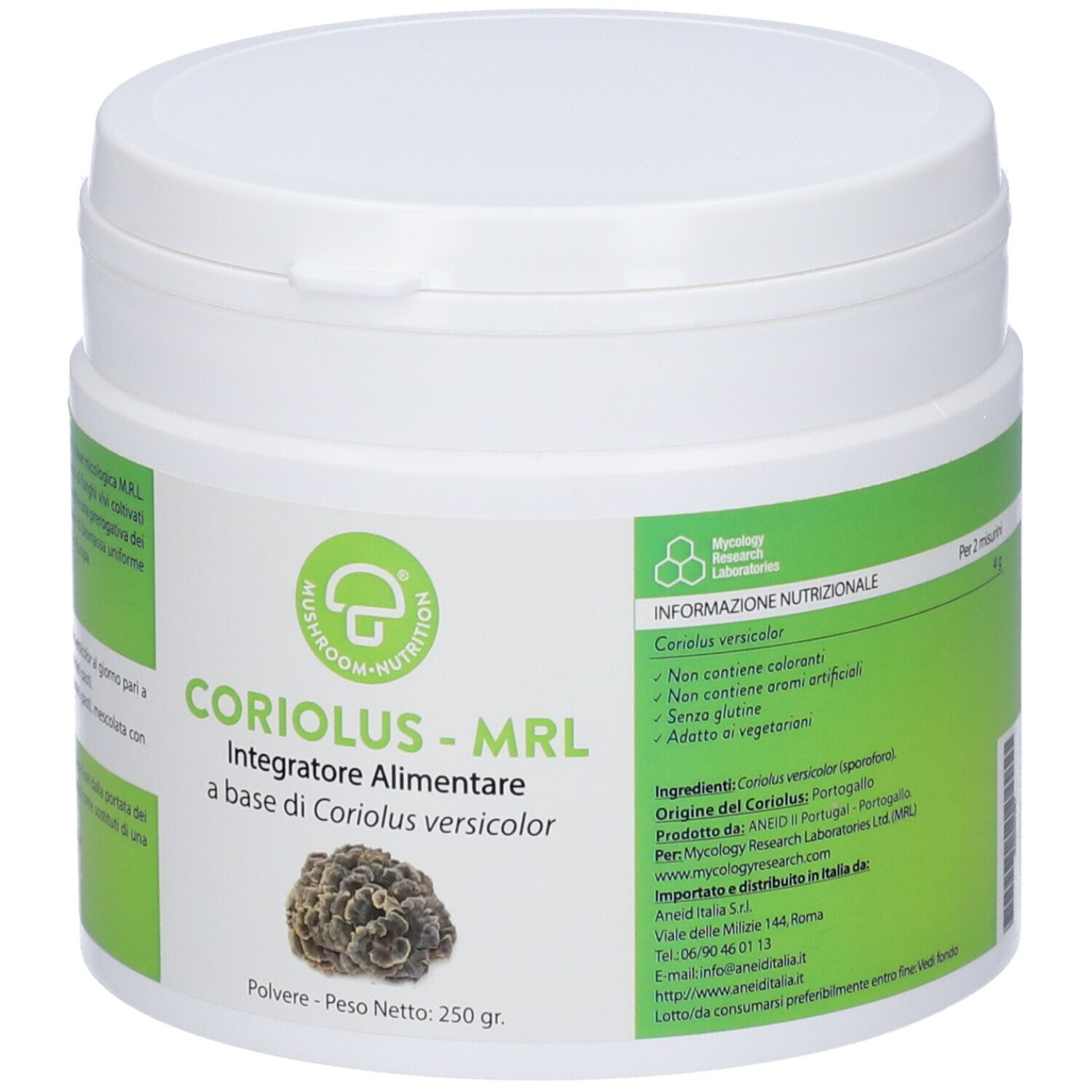 Contenitore bianco e rotondo per integratori con etichetta verde. Scritta: CORIOLUS - MRL, Mushroom Nutrition. Immagine di un fungo.