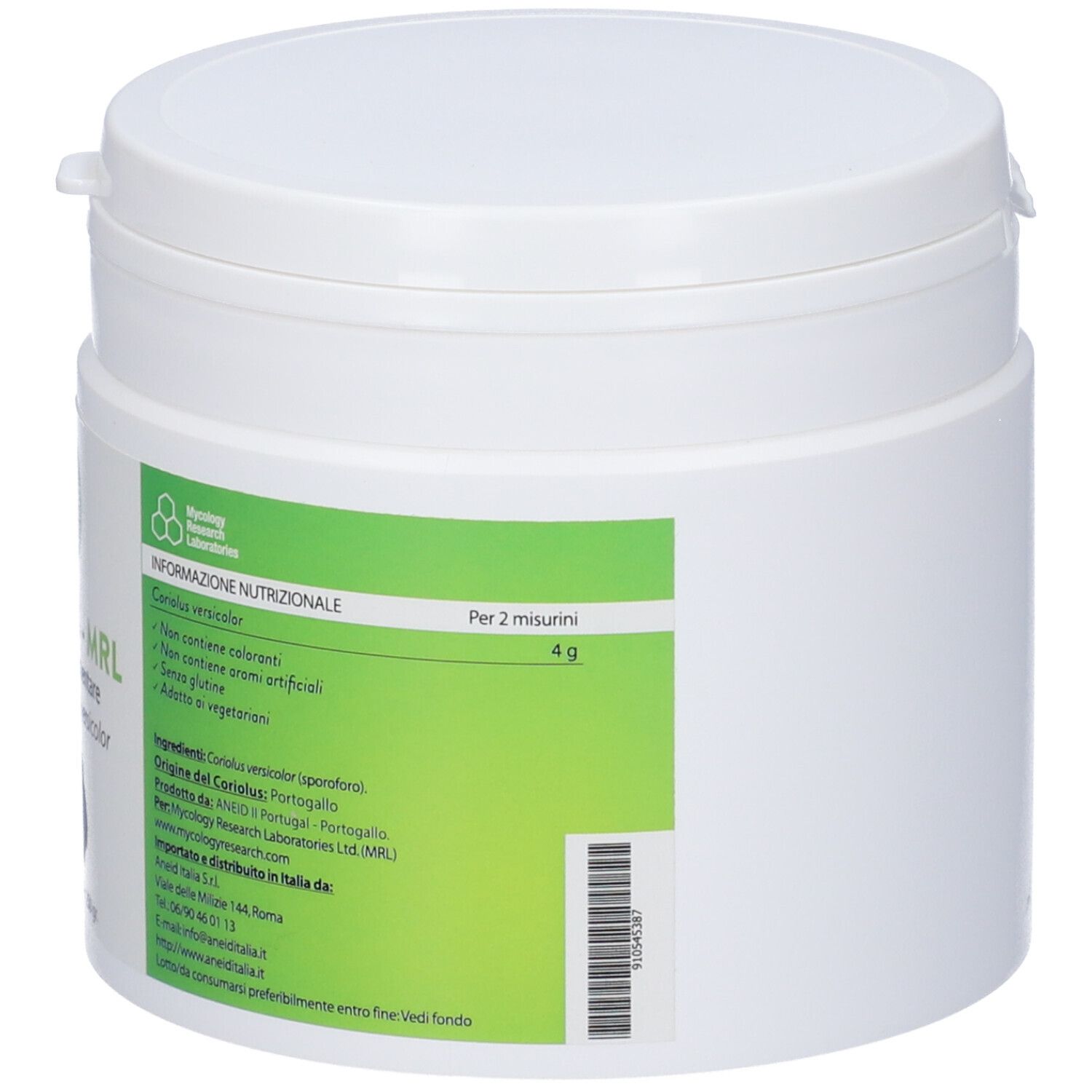 Contenitore bianco e rotondo per integratori con etichetta verde. Informazioni sulla tabella nutrizionale e sugli ingredienti.