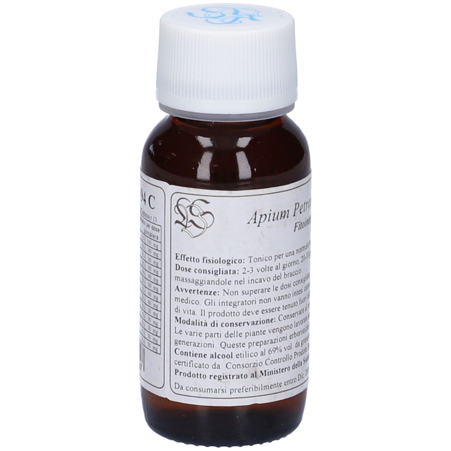 Flacone di vetro marrone con tappo bianco. Etichetta con testo: Apium Petroselinum Compositum, Fitointegratore alimentare.