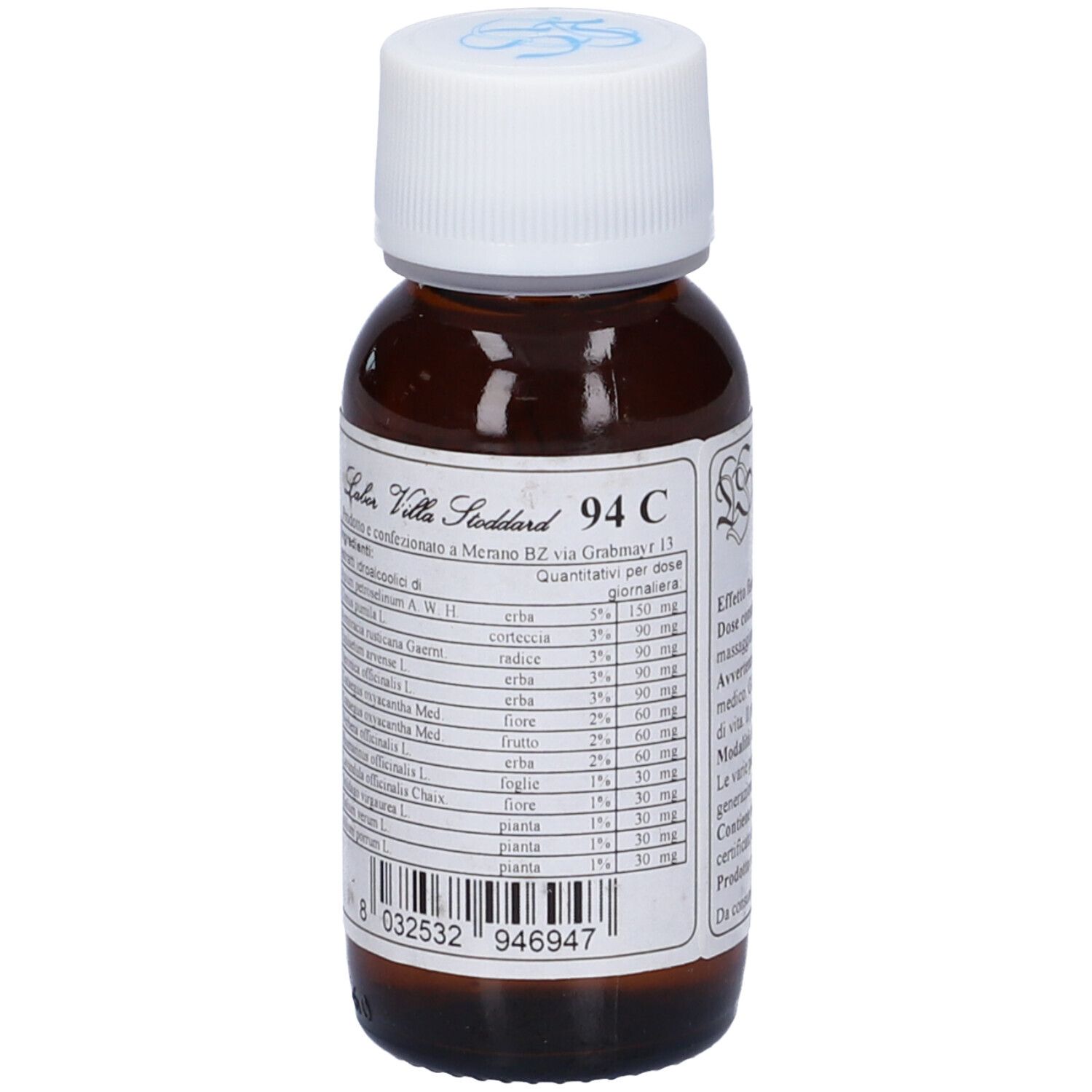 Flacone di vetro marrone con tappo bianco. Etichetta con testo: 94 C, Villa Soddard. Elenco ingredienti e dosaggio.