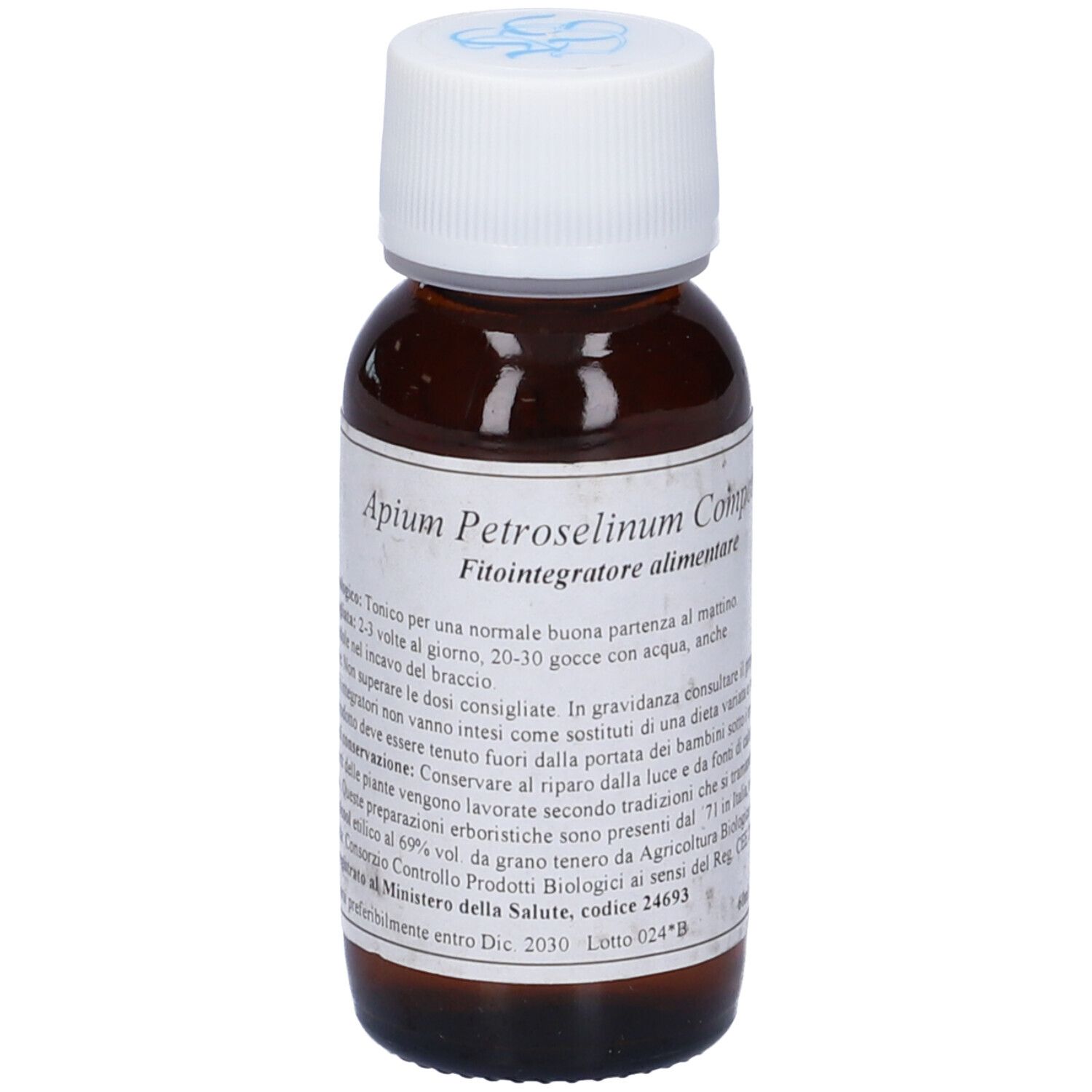 Flacone di vetro marrone con tappo bianco. Etichetta con testo: Apium Petroselinum Compositum, Fitointegratore alimentare.