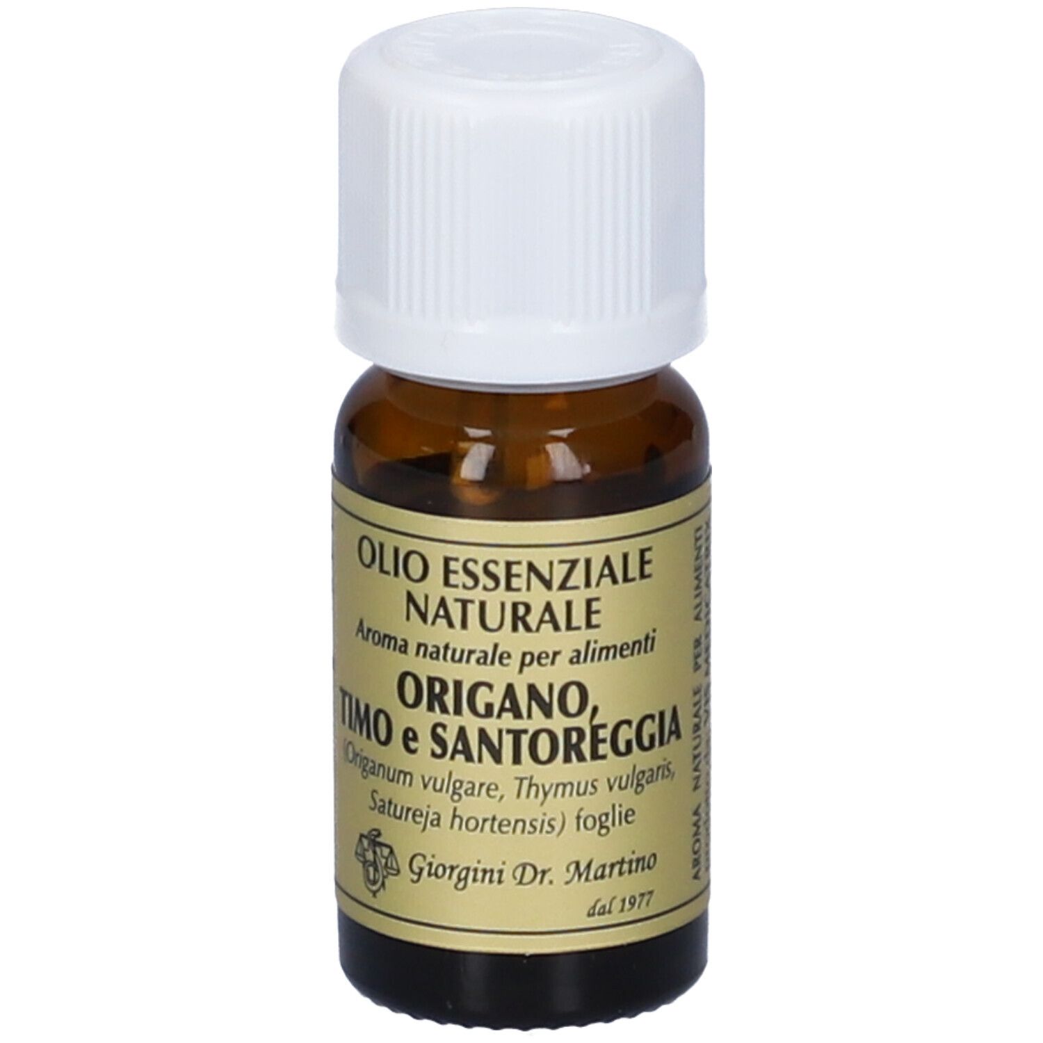 Flacone di vetro marrone con tappo bianco. L'etichetta riporta "Olio Essenziale Naturale" e "Origano, Timo e Santoreggia".