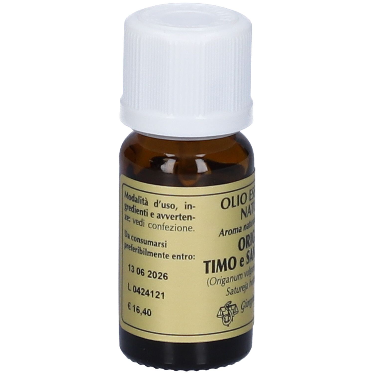 Flacone di vetro marrone con tappo bianco. L'etichetta riporta "Olio Essenziale Naturale" e "Origano, Timo e Santoreggia".