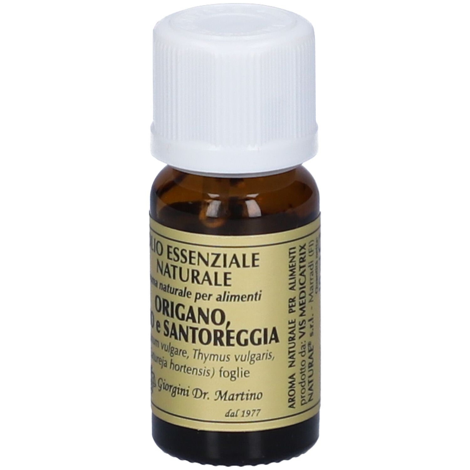 Flacone di vetro marrone con tappo bianco. L'etichetta riporta "Olio Essenziale Naturale" e "Origano, Timo e Santoreggia".