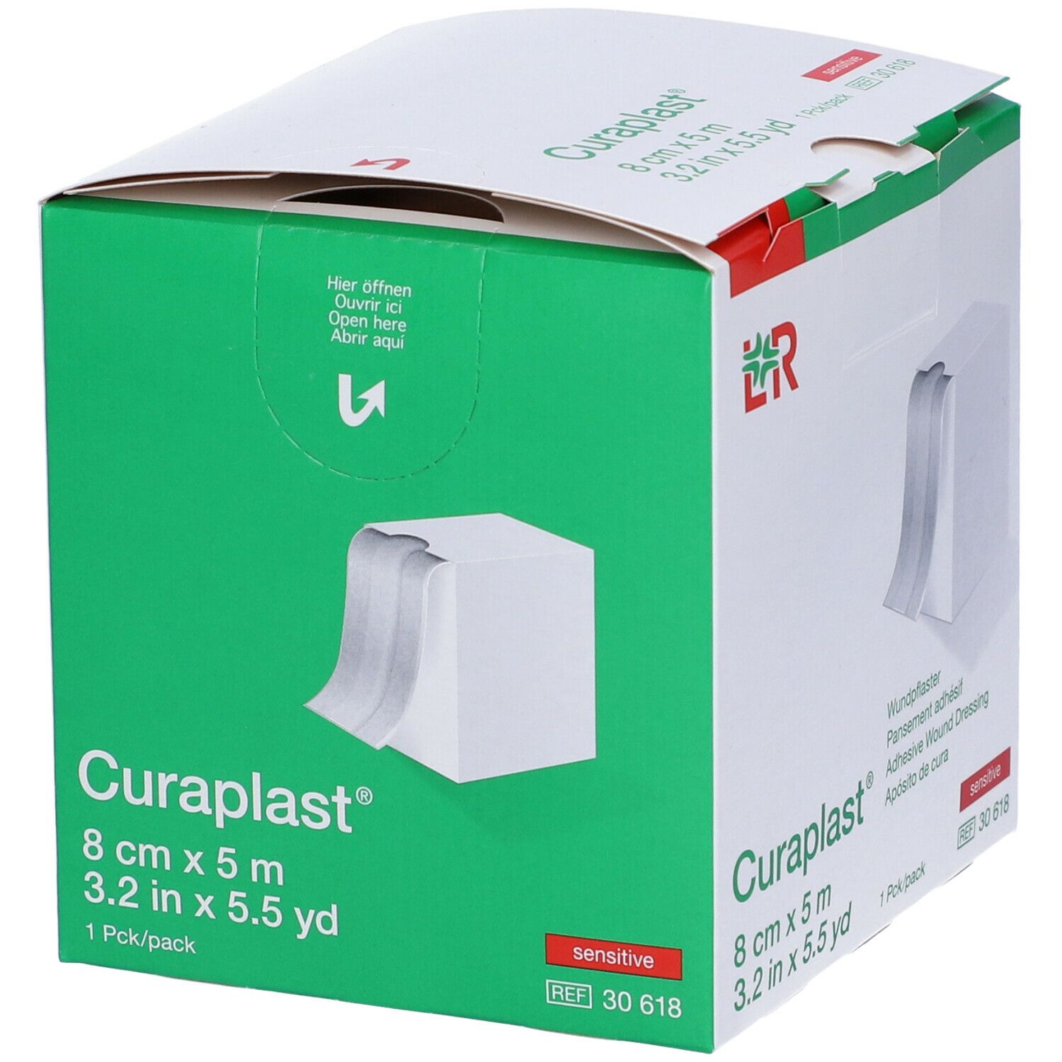 Confezione verde e bianca di medicazioni adesive Curaplast®, 8 cm x 5 m. Informazioni e logo LR. Contiene un rotolo.