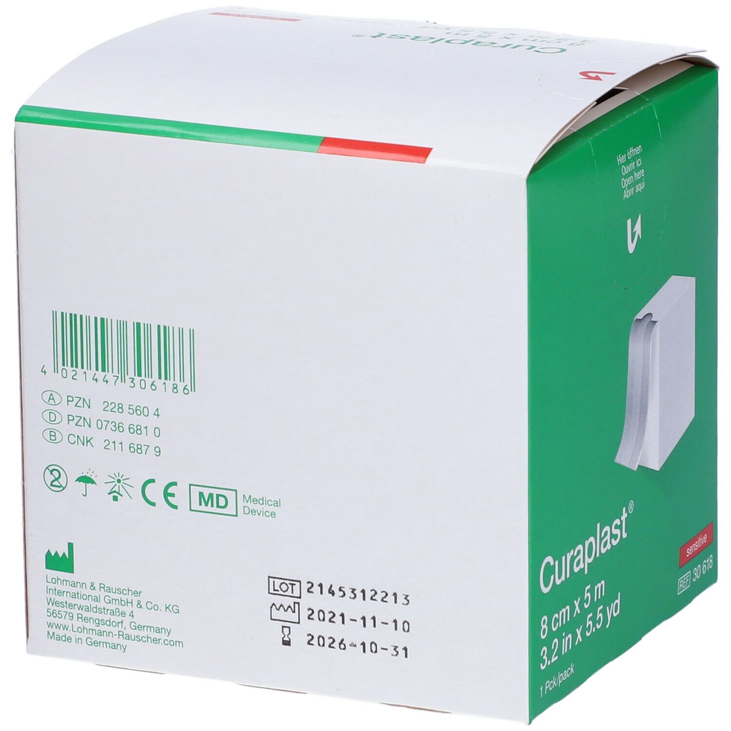 Retro della confezione Curaplast®. Informazioni, codice a barre, marchio CE e data di scadenza. Prodotto in Germania.