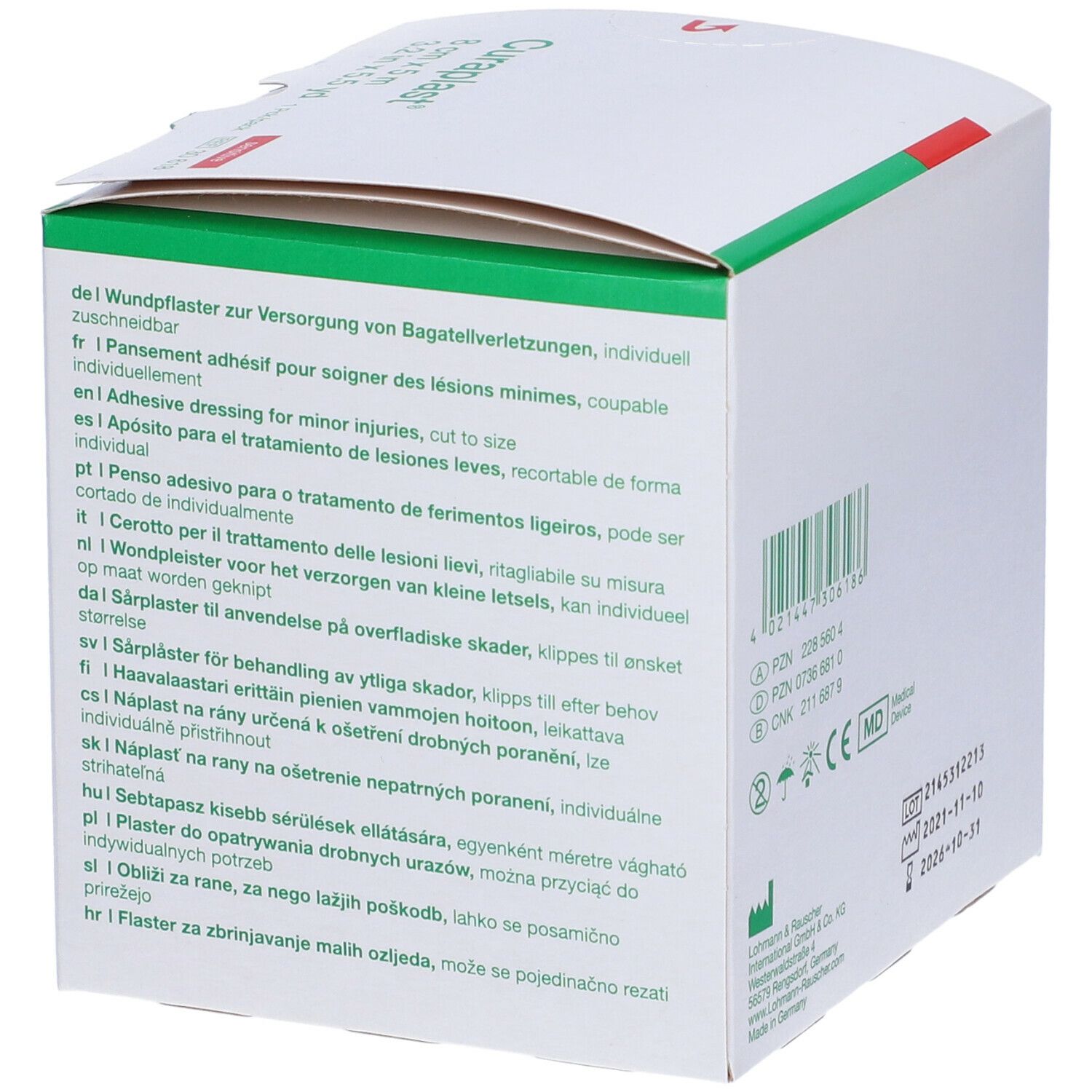 Lato della confezione Curaplast® con informazioni sul prodotto in più lingue. Include anche la marcatura CE.