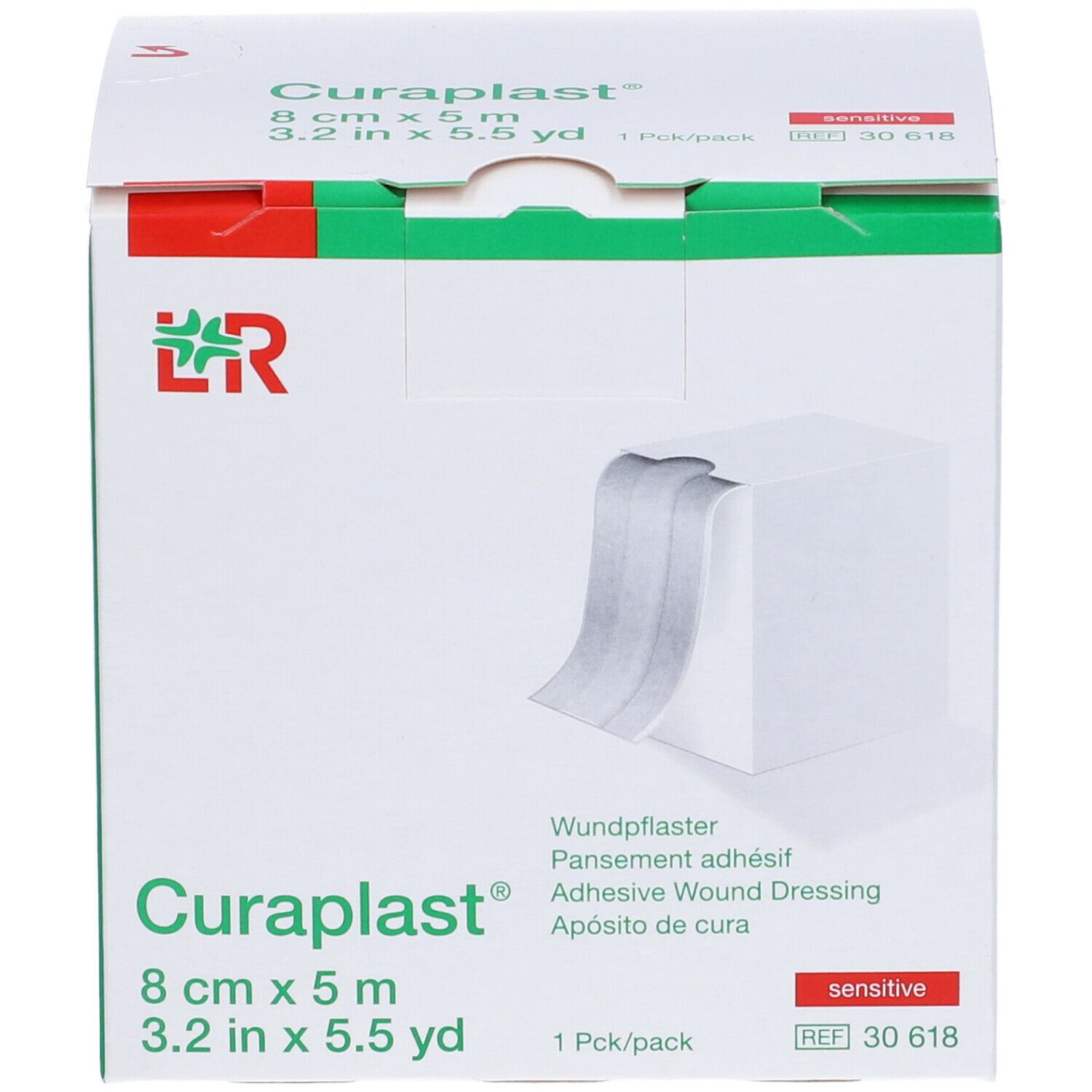 Confezione di medicazioni adesive Curaplast®, 8 cm x 5 m. Scatola con informazioni sul prodotto e logo LR. Contiene un rotolo.