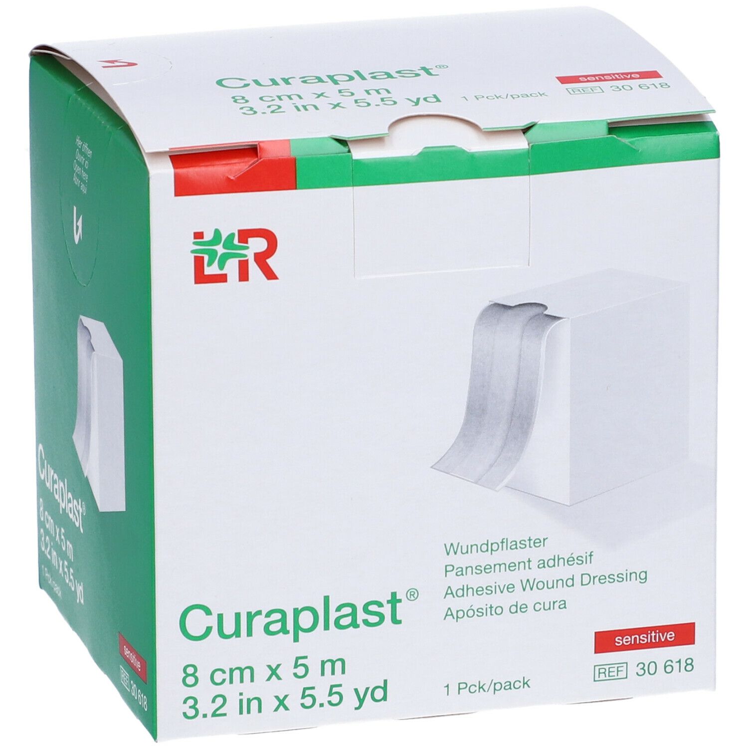 Confezione di medicazioni adesive Curaplast®, 8 cm x 5 m. Scatola con informazioni sul prodotto e logo LR. Contiene un rotolo.