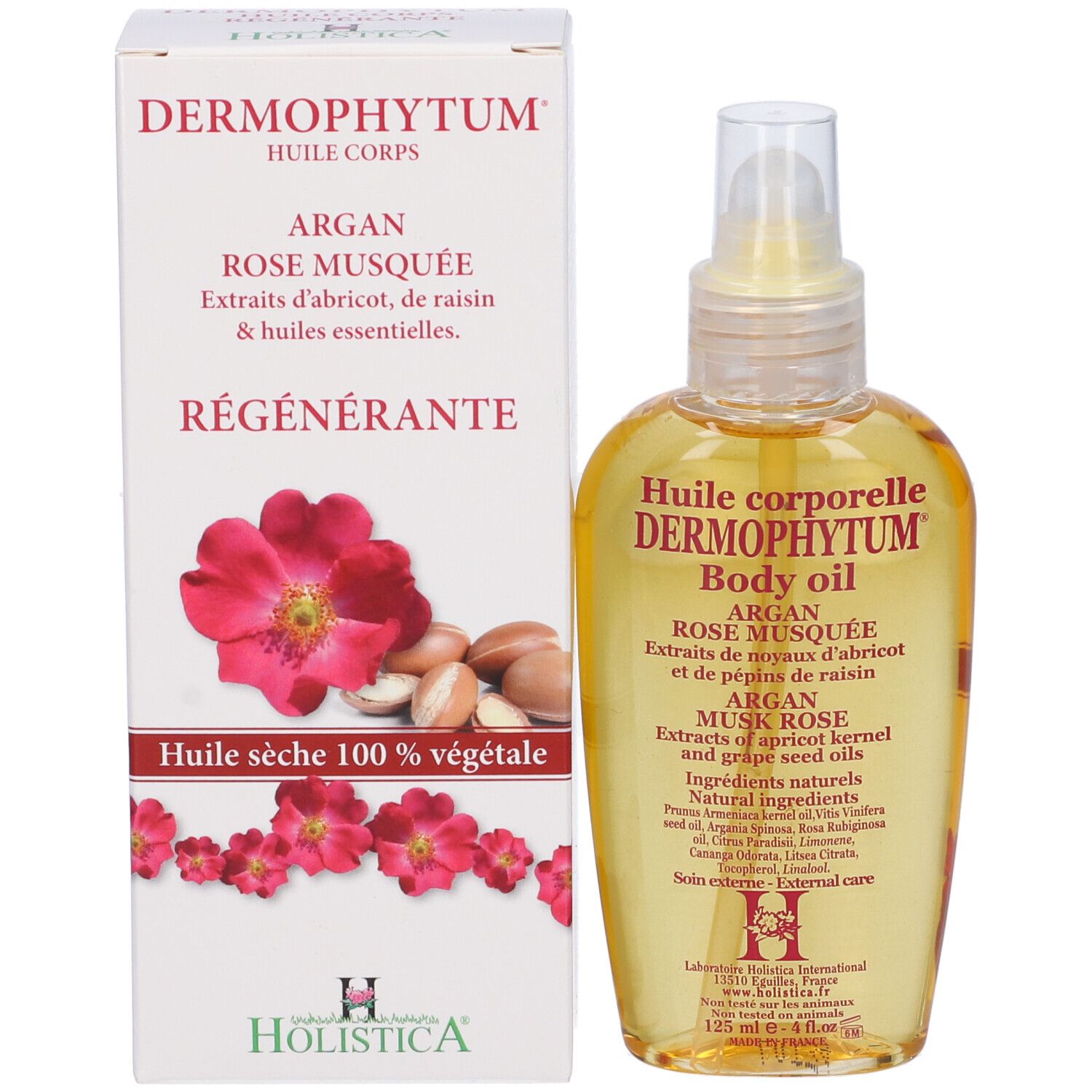 Flacone di olio per il corpo e scatola. Scatola con nome del prodotto, rosa e noci di argan. Flacone accanto.