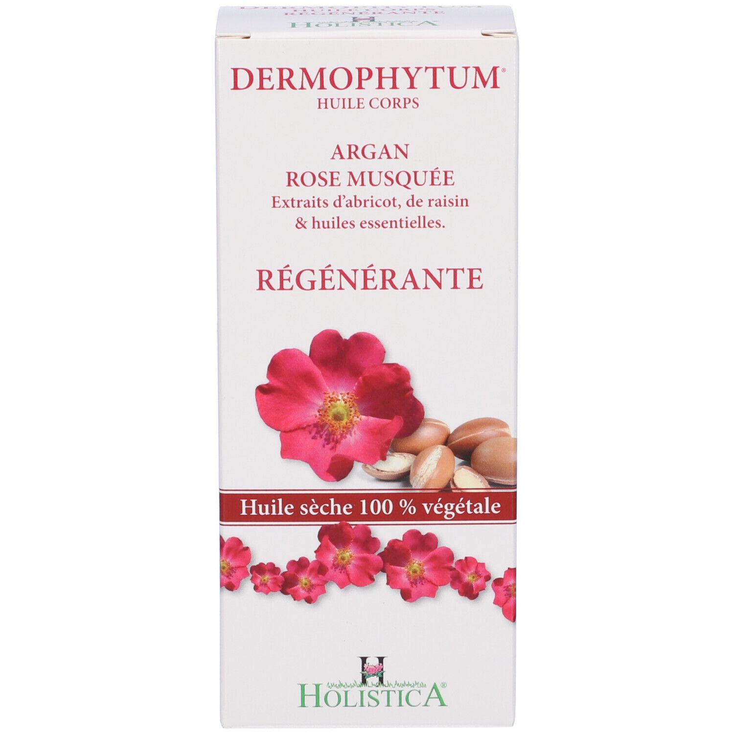 Scatola con nome del prodotto, rosa e noci di argan. Testo: 'Huile sèche 100% végétale'.