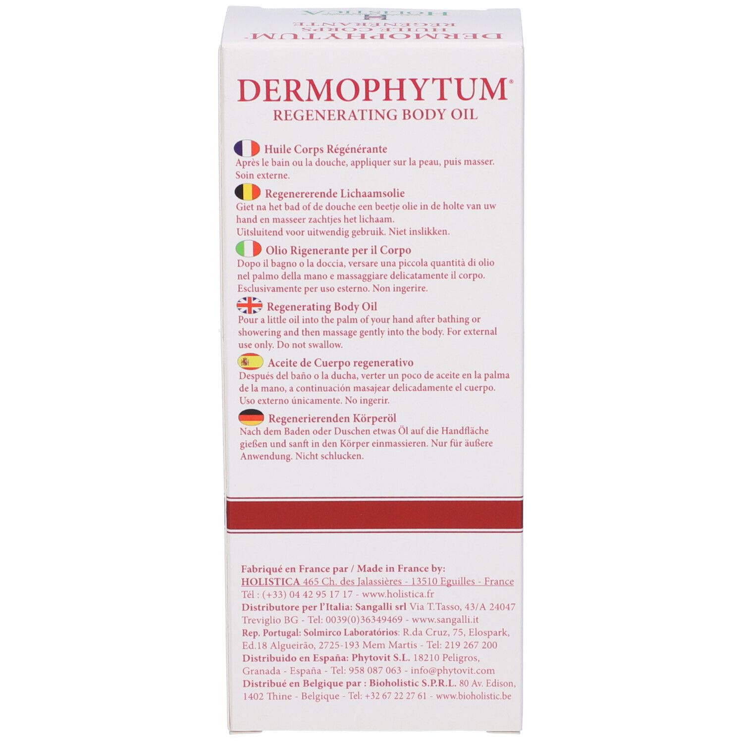 Lato della scatola con istruzioni per l'uso multilingue. Testo in francese, inglese, tedesco, italiano, spagnolo.