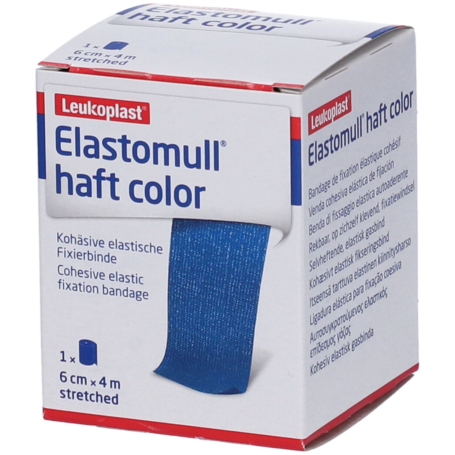 Confezione di Elastomull® Haft Color. Scatola con nome, logo e descrizione del prodotto. Benda blu visibile.