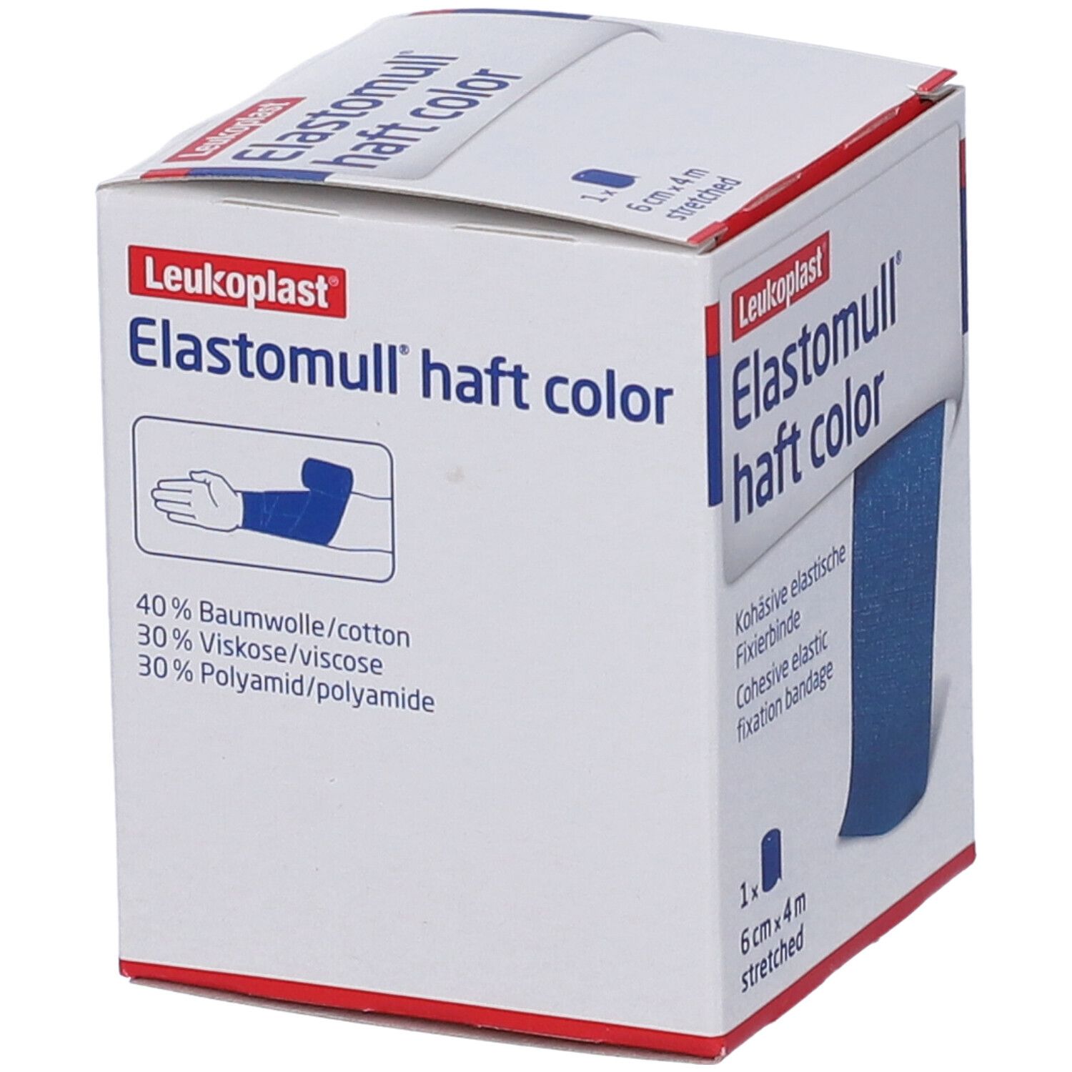 Confezione di Elastomull® Haft Color. Scatola con nome, logo e informazioni. Benda blu visibile.